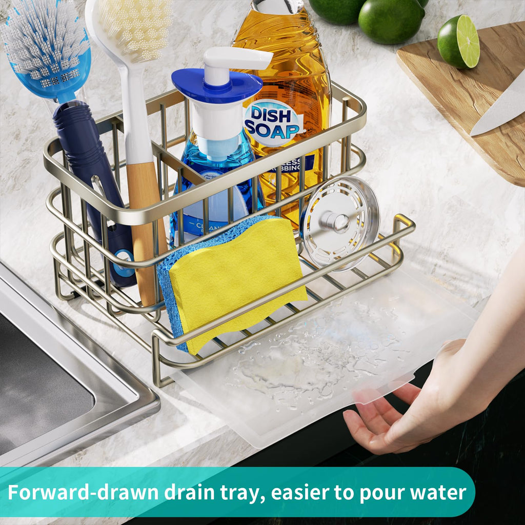 HapiRm Kitchen Sink Organizer, SUS304 Stainless Steel Rustproof Multifunctional Large Sink Caddy with Sponge Holder and Drain Tray for Kitchen Countertop (Silver)