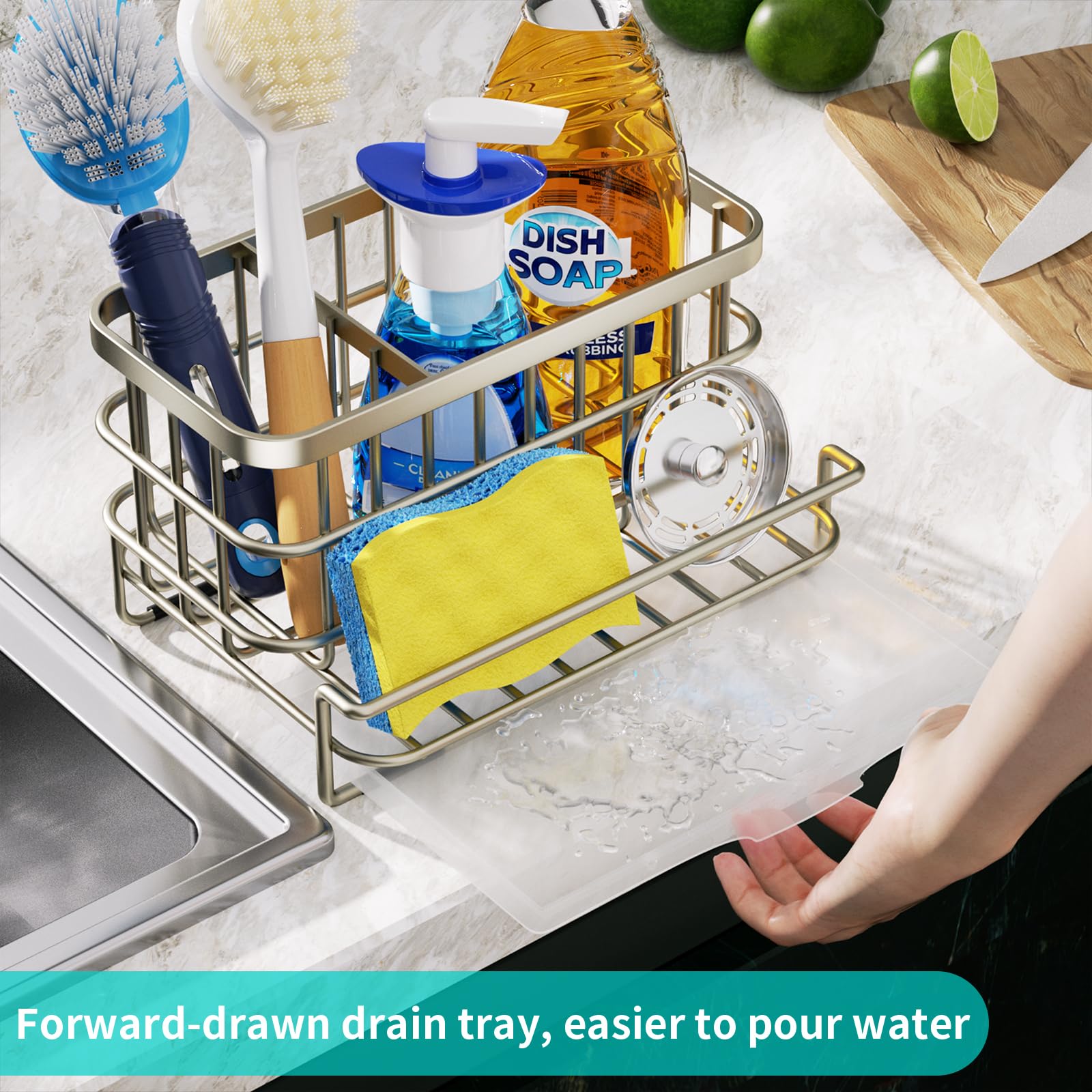 HapiRm Kitchen Sink Organizer, SUS304 Stainless Steel Rustproof Multifunctional Large Sink Caddy with Sponge Holder and Drain Tray for Kitchen Countertop (Silver)