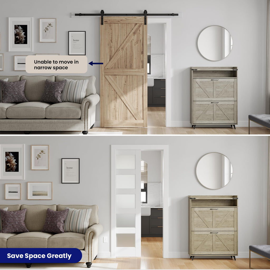 Sliding Pocket Door 24" x 80", 5-Panel Frosted Glass Panel with Soft Close Pocket Door Frame Kit, Interior & Closet Pre-Assembled Door Slab, White Primed