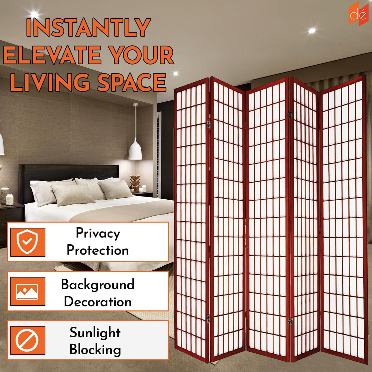 Legacy Decor Room Divider, Folding Shoji Screen, Real Wood Grid Frame, Translucent Privacy Panels, Freestanding Indoor Partition, Asian Style Folding Privacy Screen for Indoor Spaces, Cherry 5 Panels