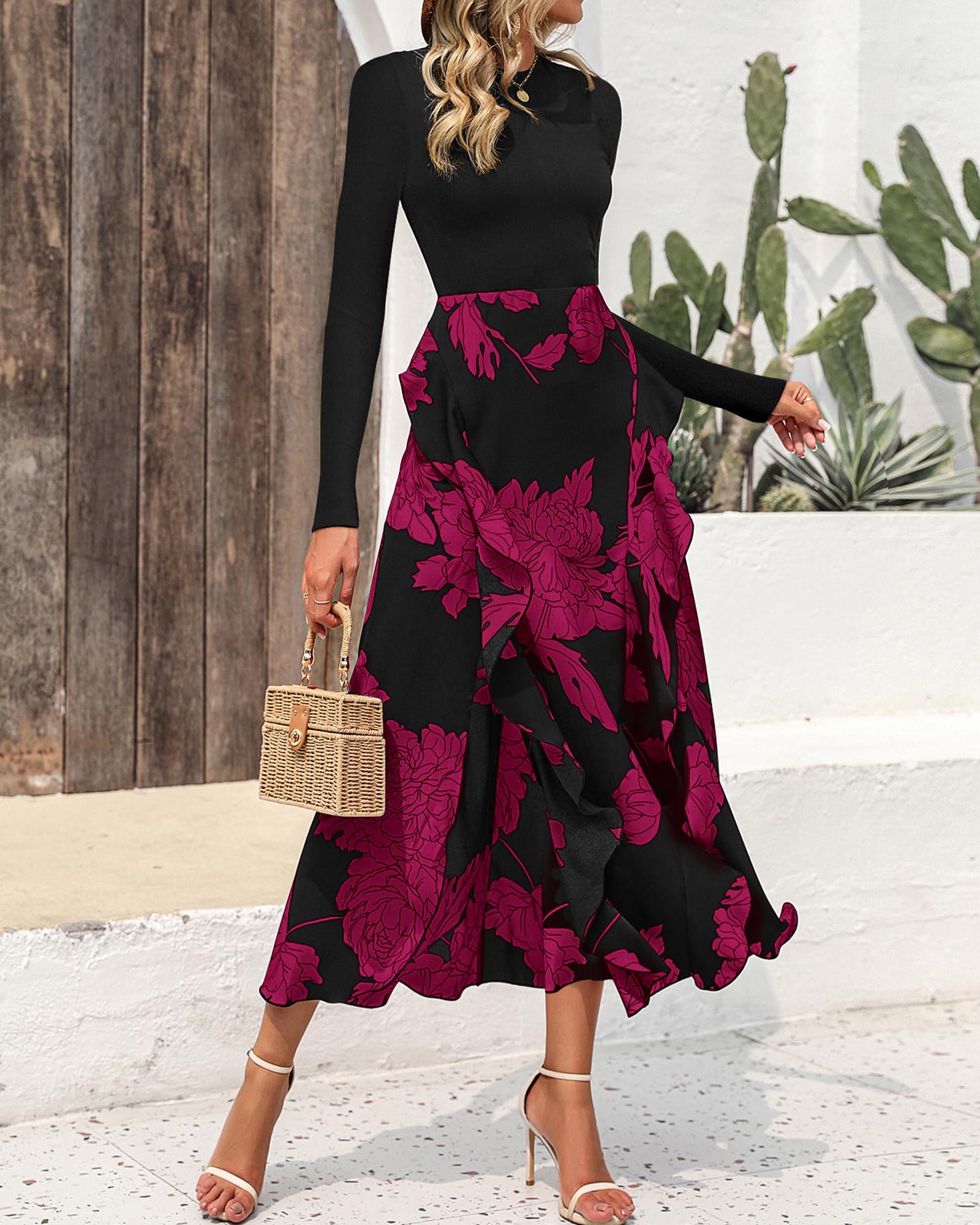 BTFBM Womens Floral Maxi Dress Fall 2025 Casual Crewneck Long Sleeve Ruffle Flowy Cocktail Wedding Guest Dresses