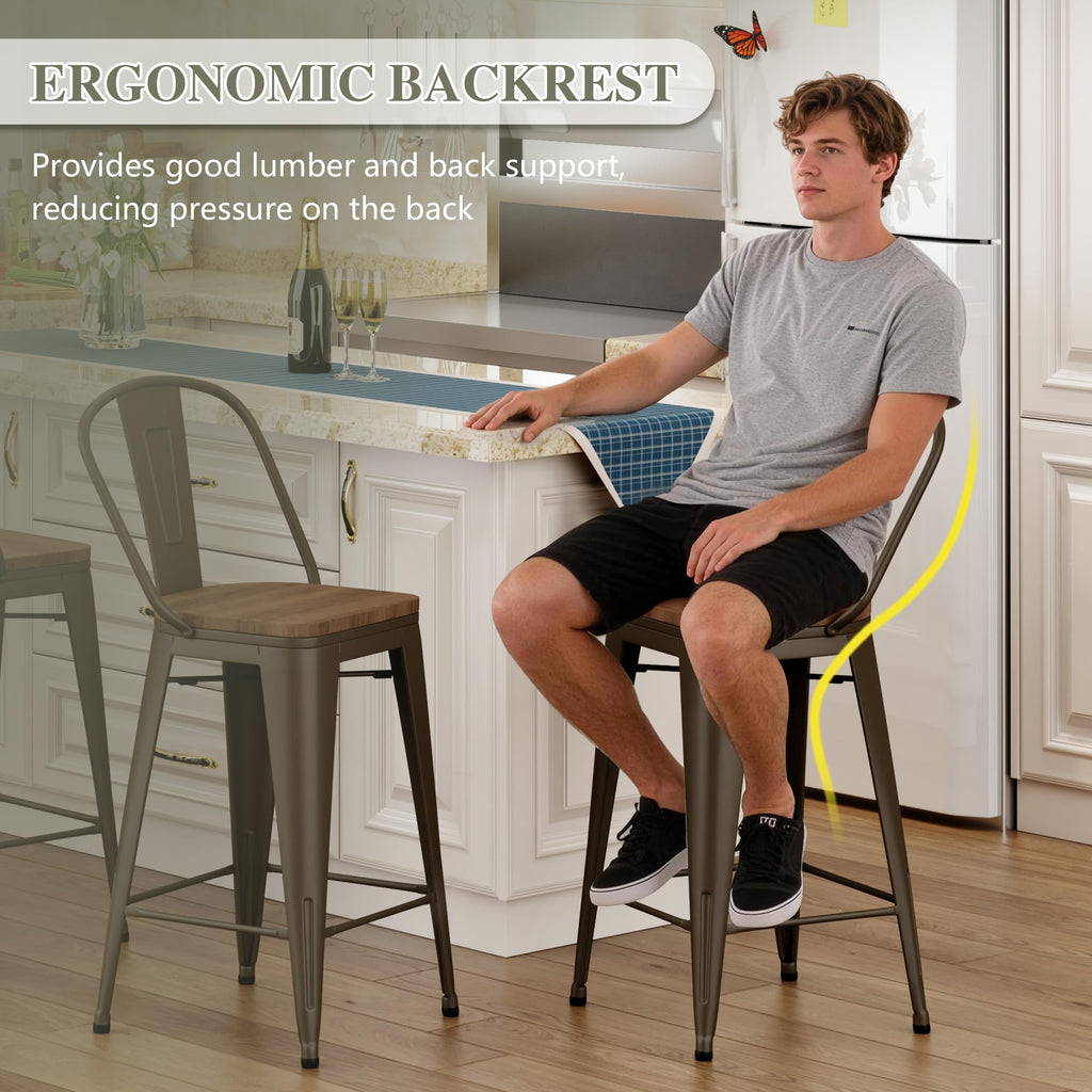 Barstools Set of 4 Counter Height Bar Stools for Kitchen Island Farmhouse Metal High Back Bar Chairs Wooden Seat 24" Matte Black