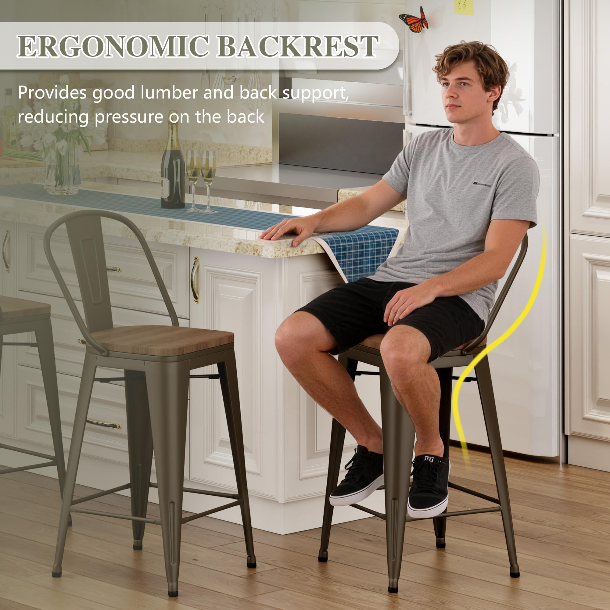 Barstools Set of 4 Counter Height Bar Stools for Kitchen Island Farmhouse Metal High Back Bar Chairs Wooden Seat 24" Matte Black