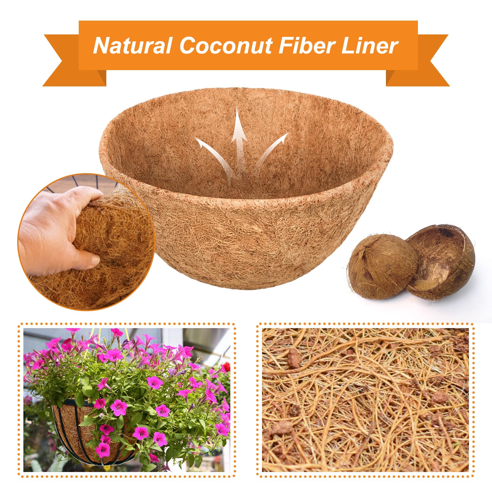Riare 2 Pack 12 Inch Round Coco Liners Replacement, 100% Natural Coconut Coir Liners for Hanging Baskets, Garden Flower Vegetables Planter Pot, Window Box, Fence, Decks