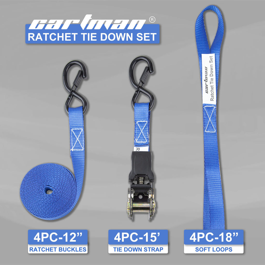 Cartman Ratchet Tie Down, 4Pk 15Ft, 500Lbs Load Cap/ 1500Lbs Break Strength, Cargo Straps for Moving Appliances, Lawn Equipment, Motorcycle in a Truck, with Carry Bag