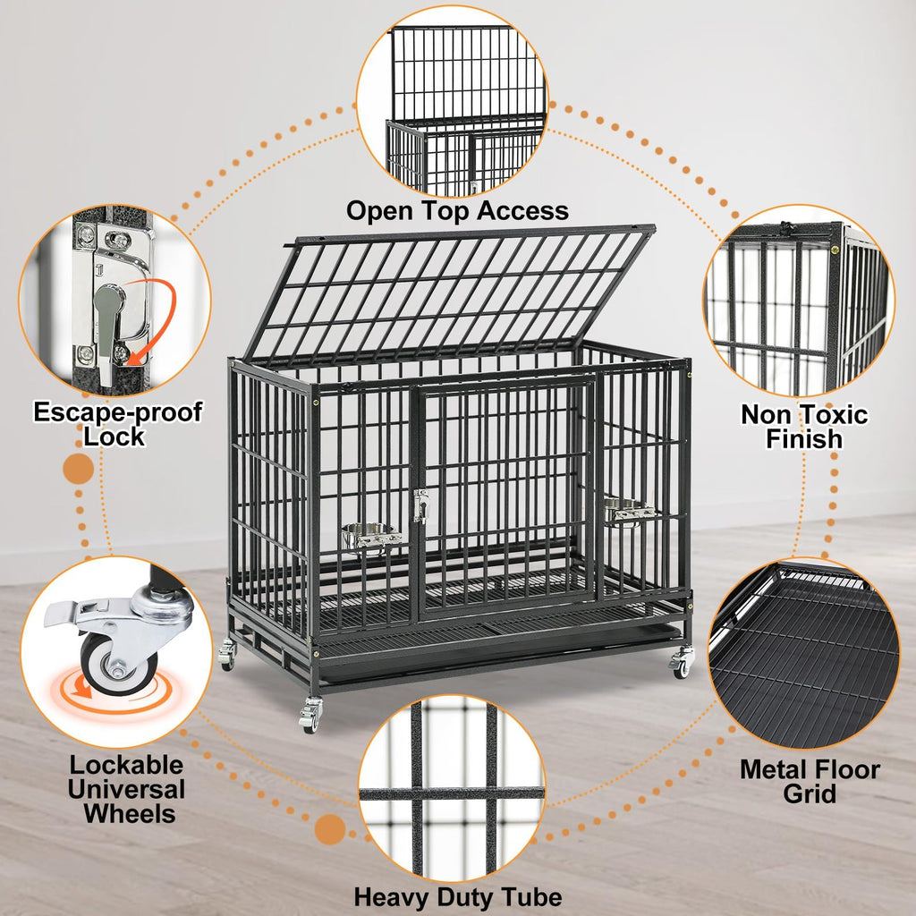 Homey Pet 37 inch Stackable Heavy Duty Dog Crate, Indestructible Escape Proof Dogs Cage Kennel with Lockable Wheels, Removable Tray & Metal Grid, Double Doors for High Anxiety Medium/Small Dogs