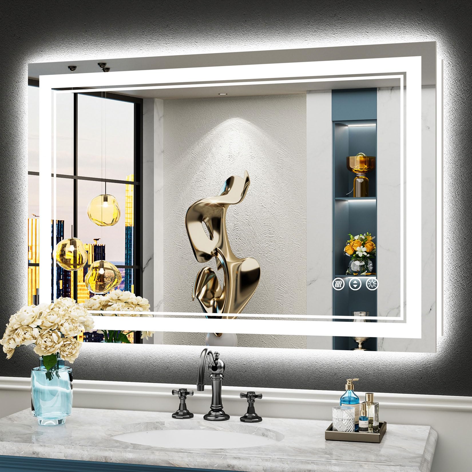 24x32 Black Framed LED Bathroom Mirror with Lights, Backlit and Front Lit Anti-Fog Lighted Vanity Mirrors for Bathroom Wall, Dimmable, 3 Colors, Memory, HD Tempered Glass, Horizontal/Vertical