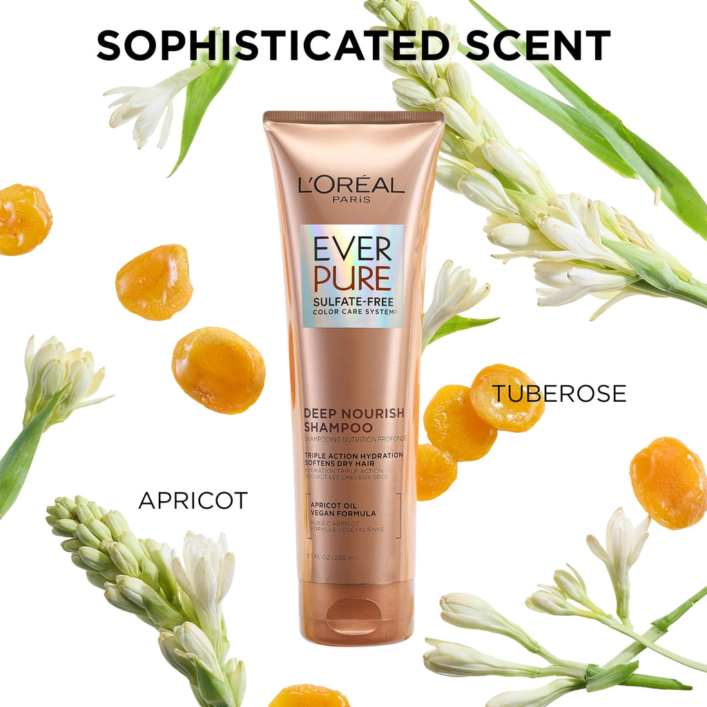 L'Oreal Paris Shampoo, Sulfate Free, Triple Action Hydration for Dry Hair, EverPure, 8.5 Fl Oz (Packaging May Vary), Damaged, Color-Treated Hair, Apricot Oil Infused, Deep Nourish