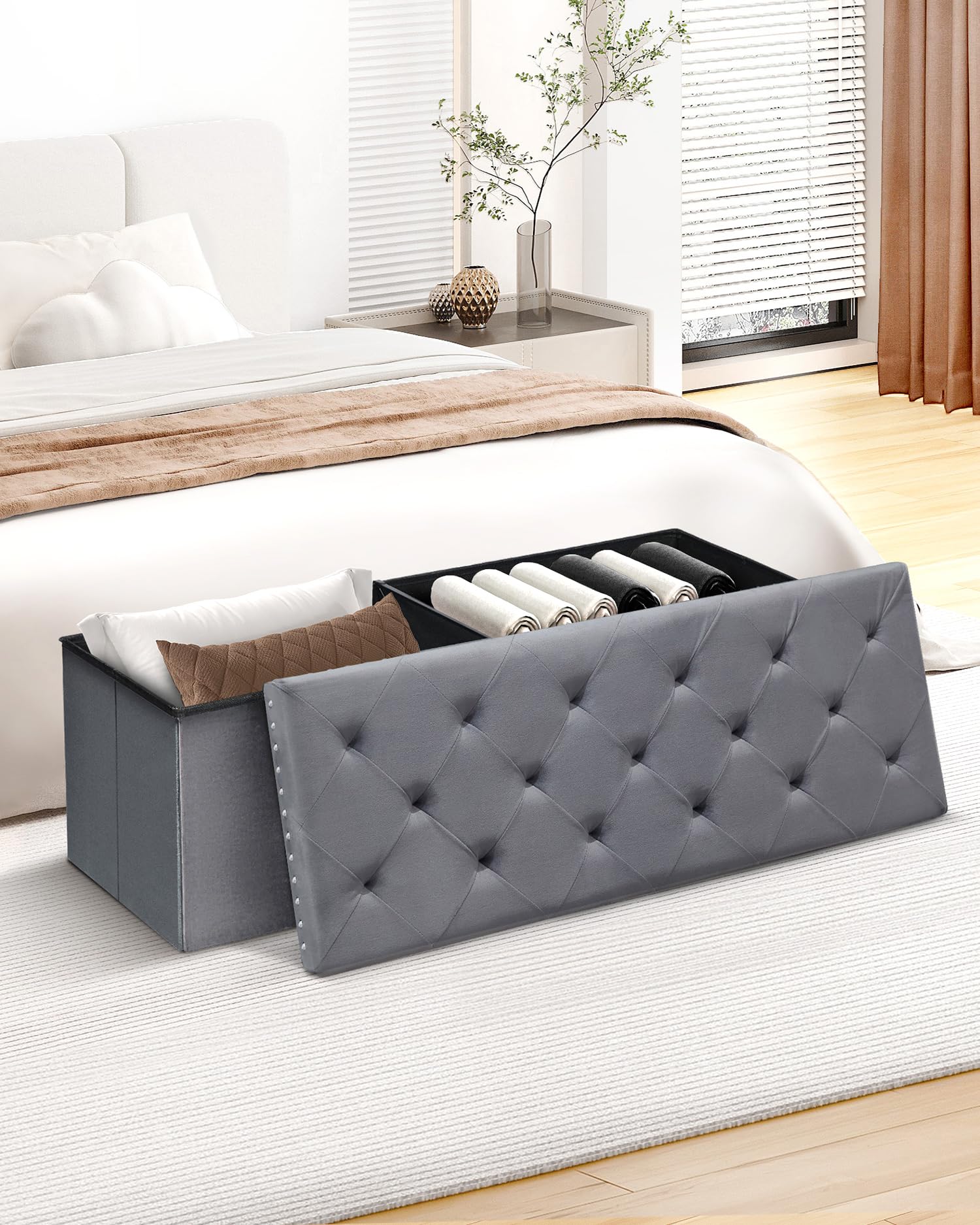 B FSOBEIIALEO Storage-Ottoman Cube-Folding Tufted - Ottomans with Storage, Coffee Table Top Cover, Storage Boxes Footrest Stool for Bedroom, Luxury Velvet Fabric 15.7 Inches Black