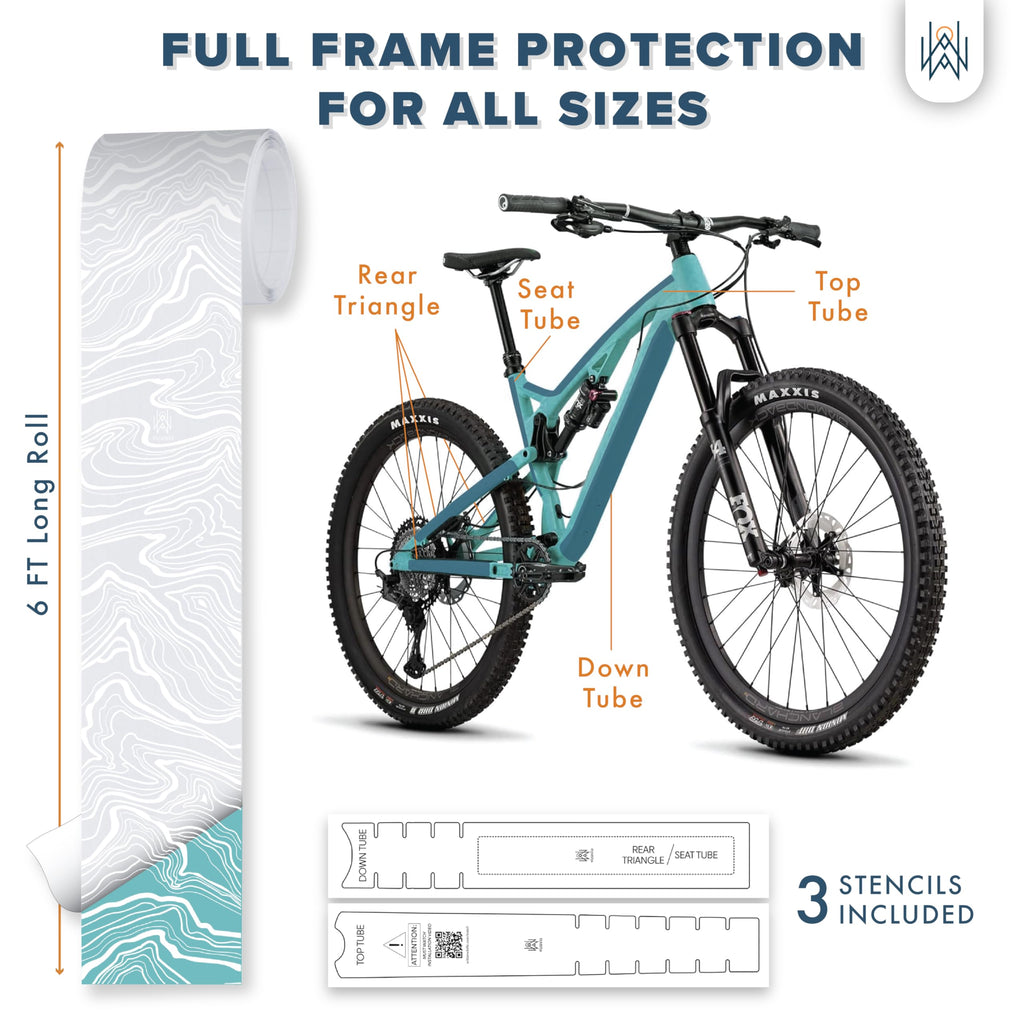 Bike Frame Protection Tape- High Impact Clear Vinyl Wrap Includes Tool (4”x72) Bicycle Frame Protector, Mountain Bike Frame Guard Chainstay Protector (Art Deco)