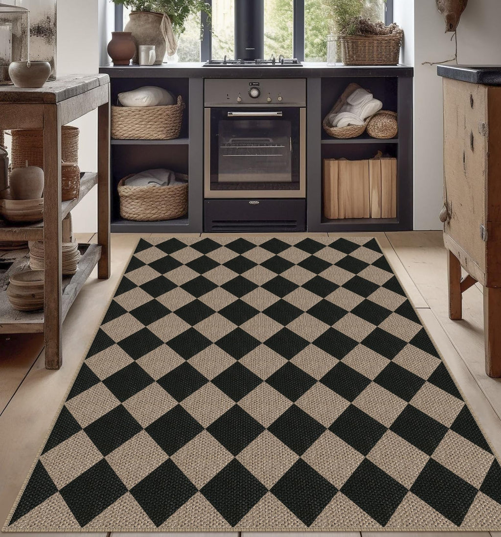 Rugalia Easy Jute Checkered Entryway Rug, 2x3 Black Modern Indoor Outdoor Doormat, Washable Non-Slip Neutral Small Kitchen Rug Farmhouse Diamond Throw Rugs for Entrance Bedroom Bathroom