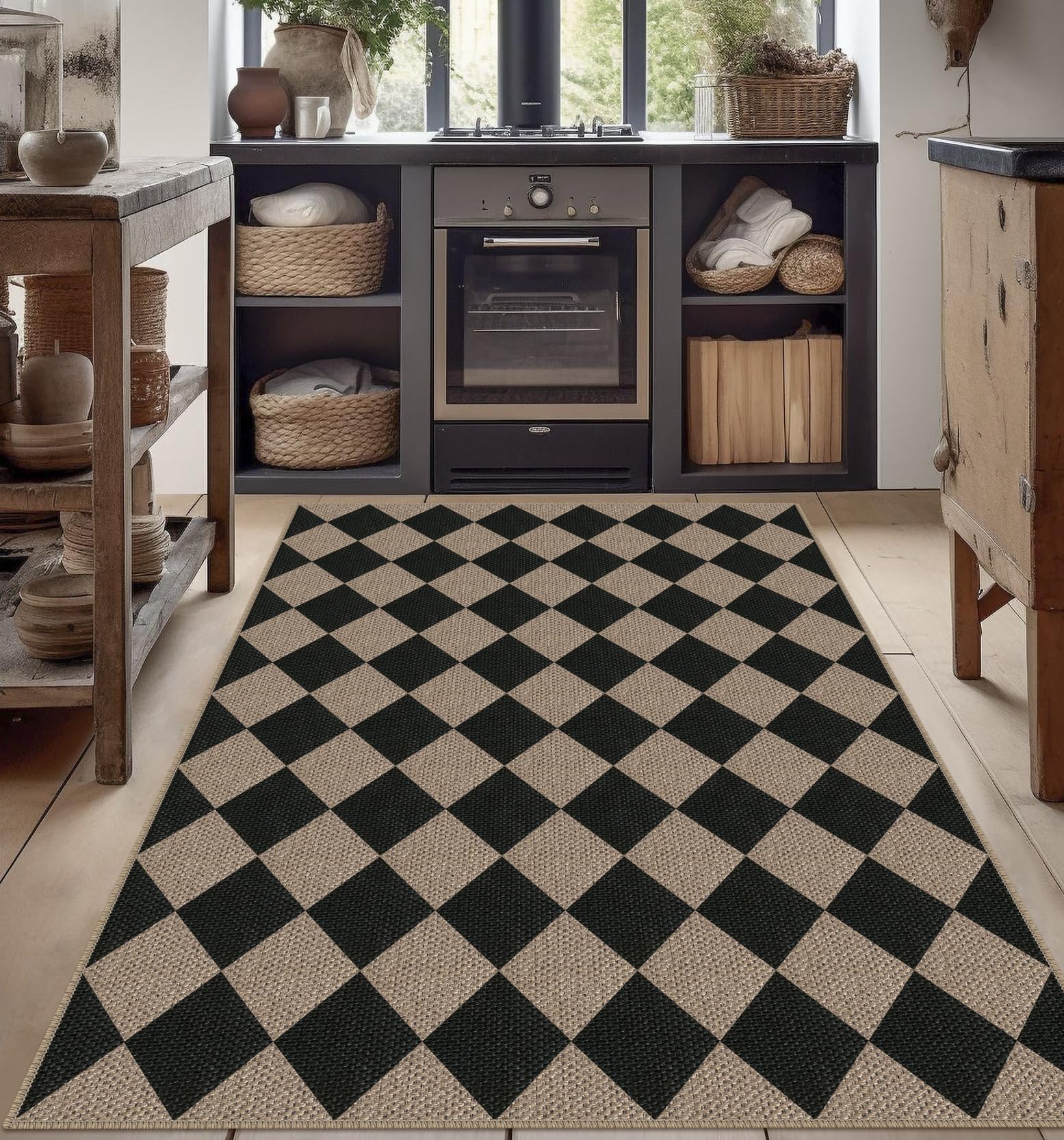 Rugalia Easy Jute Checkered Entryway Rug, 2x3 Black Modern Indoor Outdoor Doormat, Washable Non-Slip Neutral Small Kitchen Rug Farmhouse Diamond Throw Rugs for Entrance Bedroom Bathroom