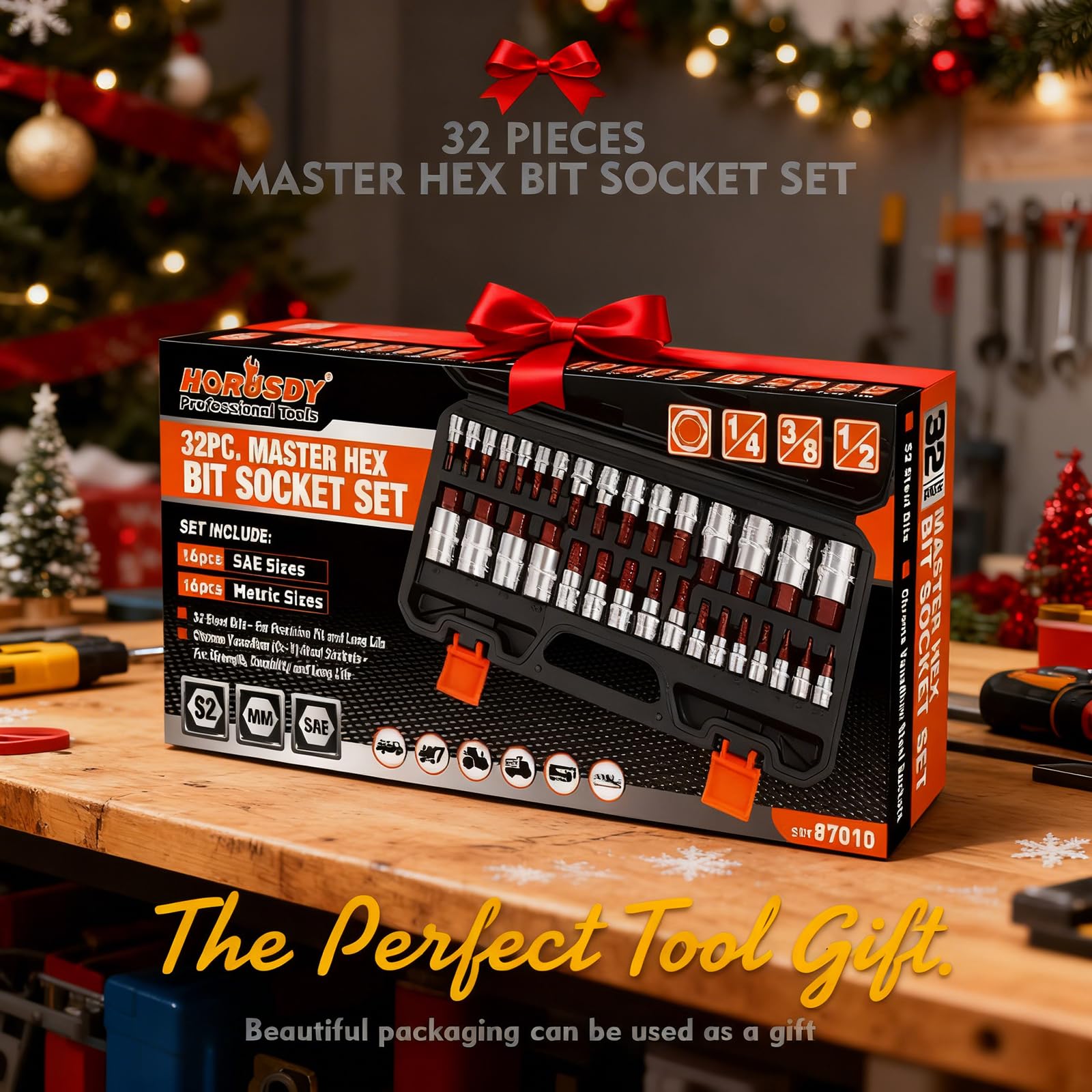 HORUSDY 1/2" Drive Shallow Impact Socket Set, 24-Piece SAE (7/16"-1") and Metric (13-24mm), 6 Point, Cr-V, Includes 1/2-Inch Drive Ratchet Handle, Drive Extension Bar