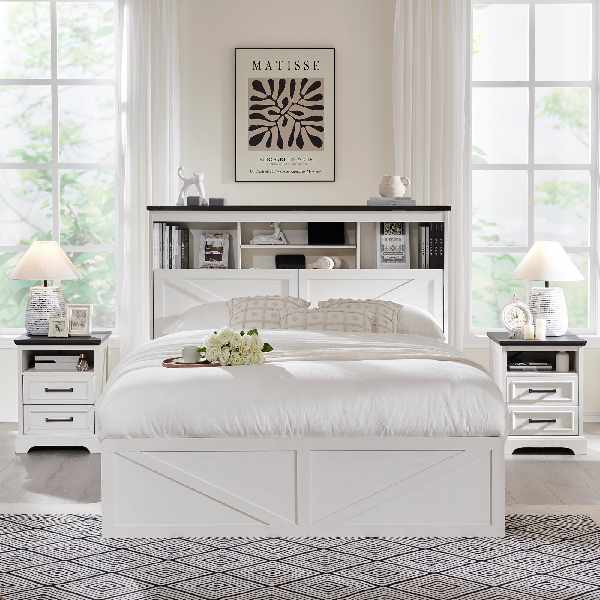 ACCOHOHO Queen Size Wood Bed Frame Farmhouse with 52" Tall Storage Bookcase Headboard, LED Light,Charging Station,4 Drawers and Solid Wood Slats Support,Noiseless,No Box Spring Needed - Black