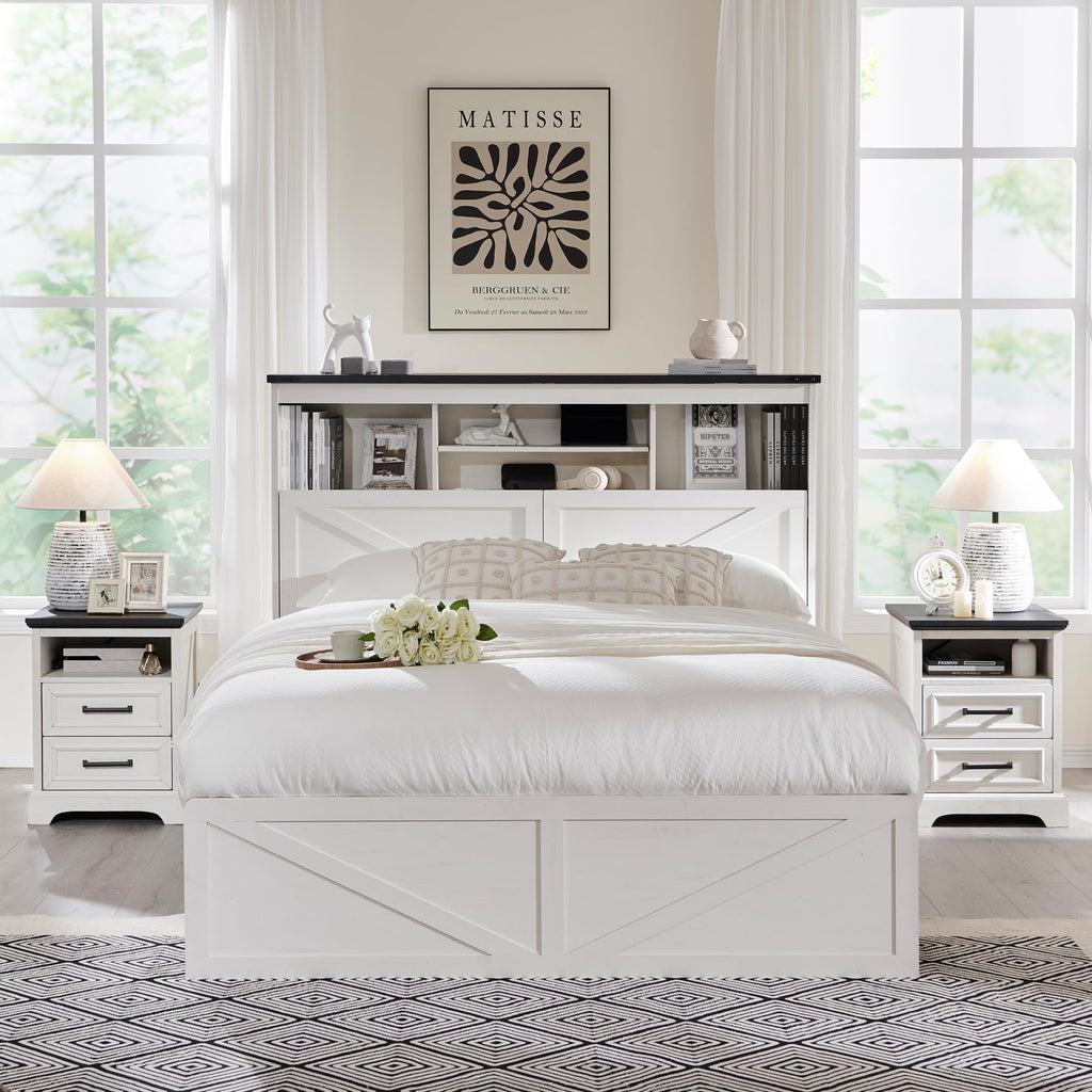 ACCOHOHO Queen Size Wood Bed Frame Farmhouse with 52" Tall Storage Bookcase Headboard, LED Light,Charging Station,4 Drawers and Solid Wood Slats Support,Noiseless,No Box Spring Needed - Black