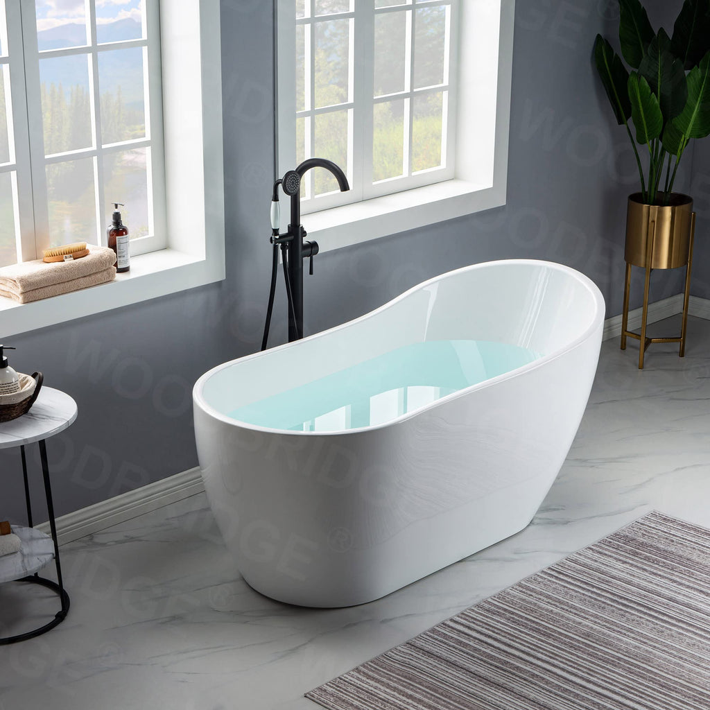 WOODBRIDGE 59" Acrylic Freestanding Bathtub Contemporary Soaking White Tub with Brushed Gold Overflow and Drain， B1530 -BG-Drain &O