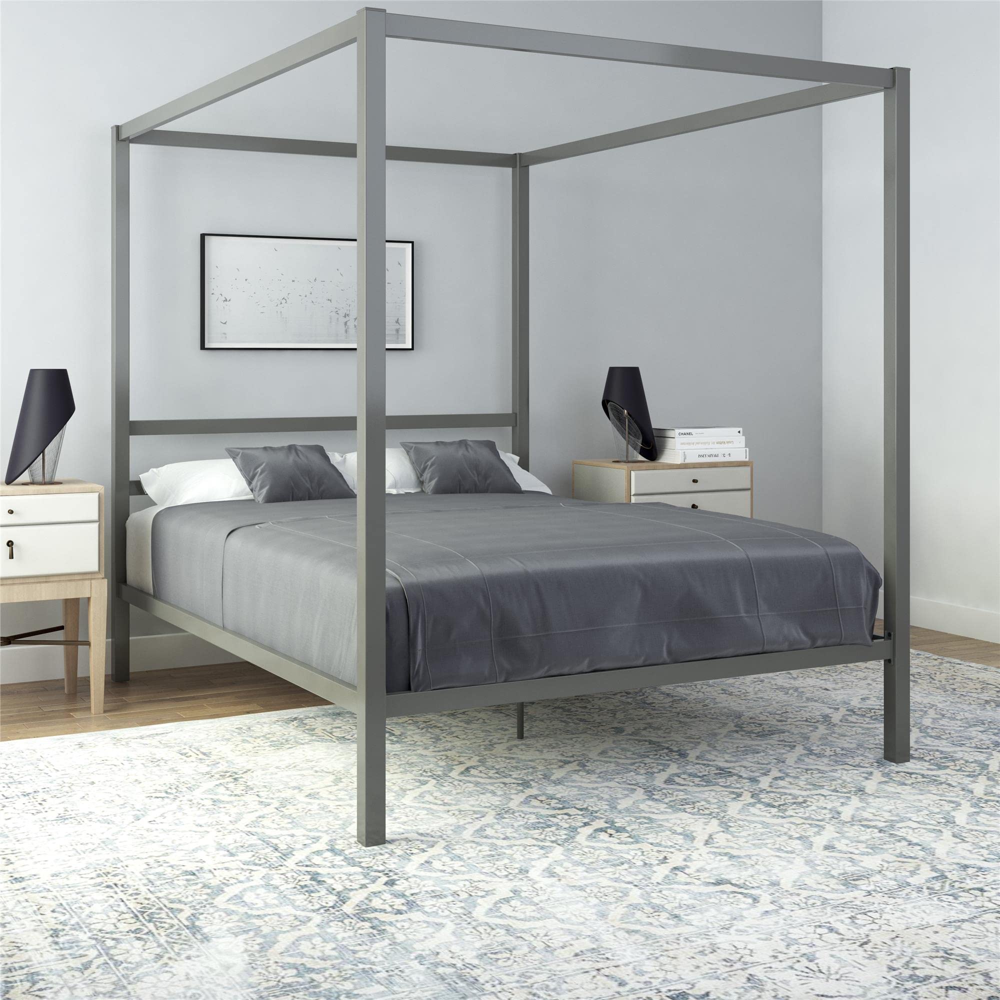DHP King Metal Canopy Bed, Modern Design with Built-In Headboard, Sturdy Frame, No Box Spring Needed, Gunmetal Gray