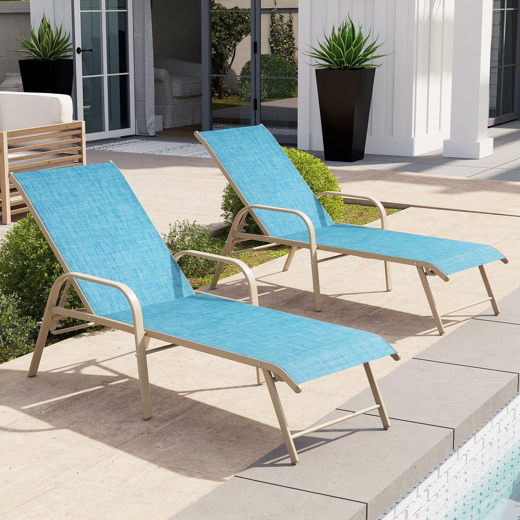 Crestlive Products Chaise Lounge Chair Outdoor with Armrests, Pool Lounge Chairs Set of 2, Aluminum Adjustable 5 Positions Sun Tanning Lounger for Patio, Poolside, Yard, Deck, Backyard (Beige)