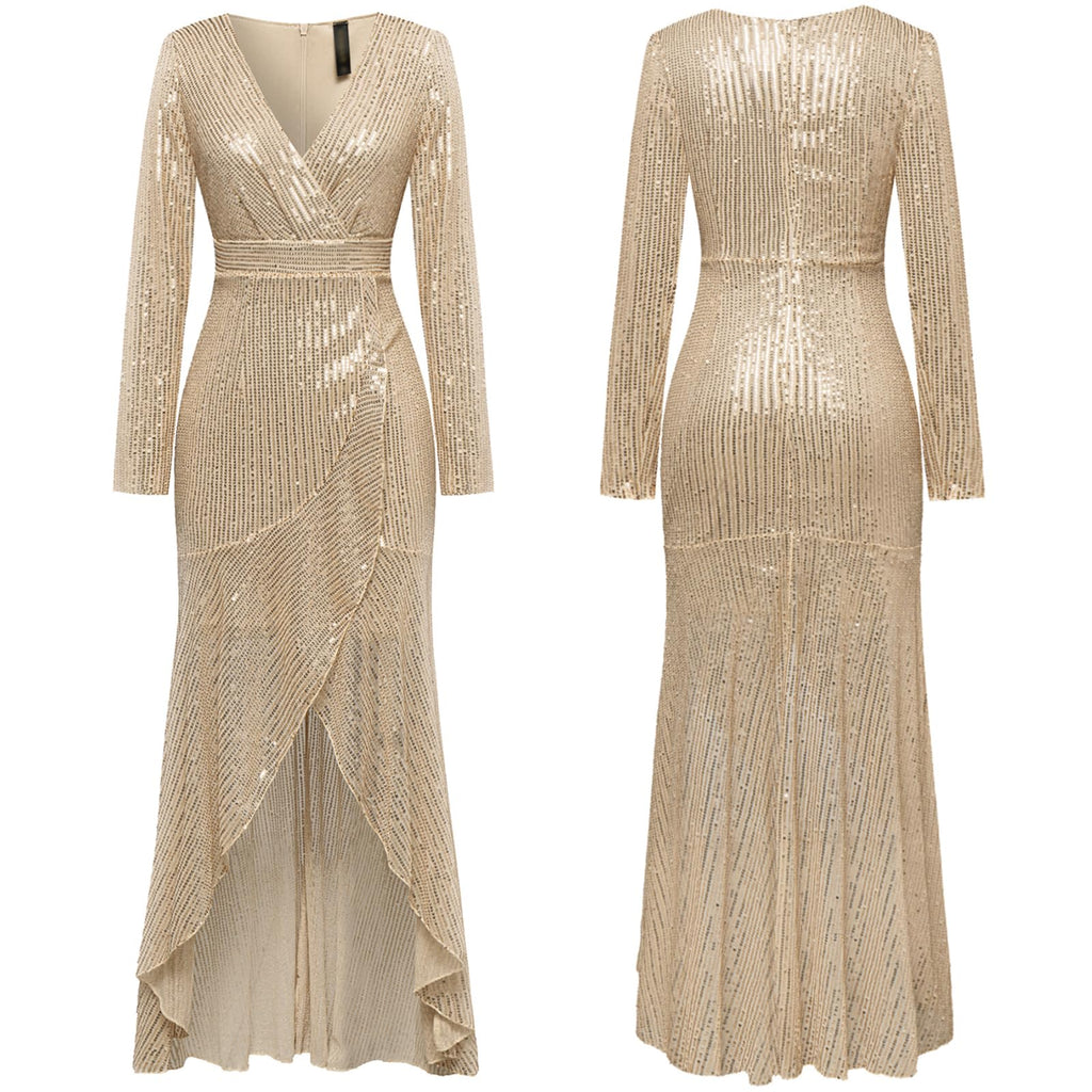 COOAN Women's Long Sequin Formal Dresses Long-Sleeve Cocktail Wedding Guest Dresses Elegant V Neck Party Gowns