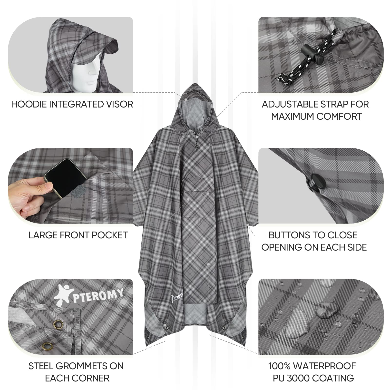 PTEROMY 3-in-1 Hooded Rain Poncho for Adult with Pocket, Waterproof Lightweight Unisex Raincoat for Hiking Camping Emergency