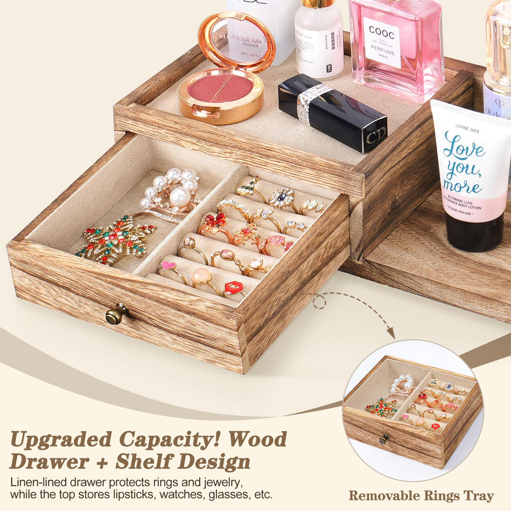 VINAEMO Jewelry Organizer Hanging Wall Mounted Jewelry Holder with Rustic Wood Drawer & Large Capacity Storage Shelf Rack Display for Earrings Rings Necklaces Bracelet(Black)