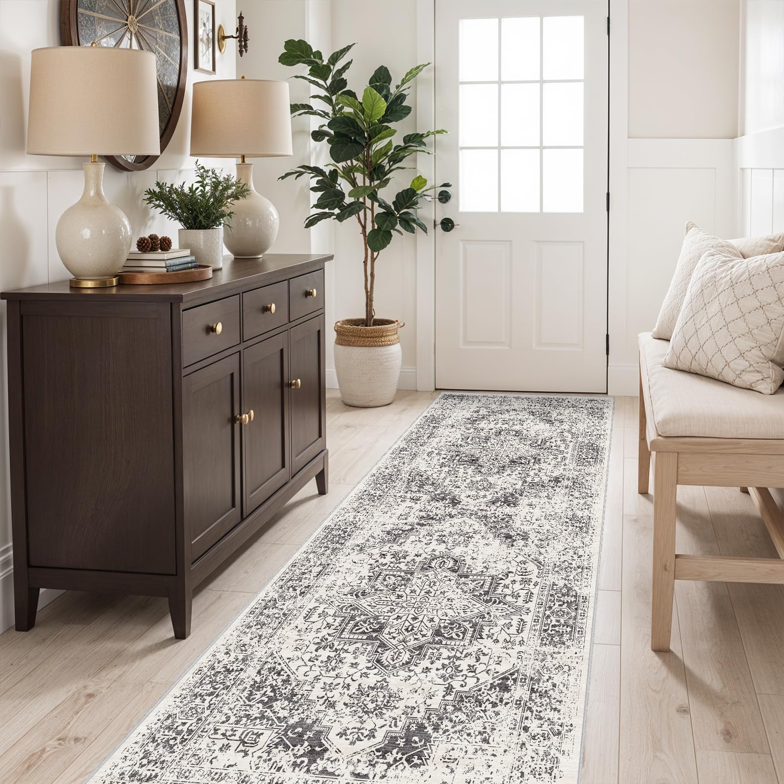 2x5 Washable Kitchen Runner Rug - Soft Low Pile Floral Animal Cat Print Rugs with Non-Slip Backing Waterproof Stain-Resistant Indoor Carpet for Hallway Entryway Bathroom Bedroom (Black)