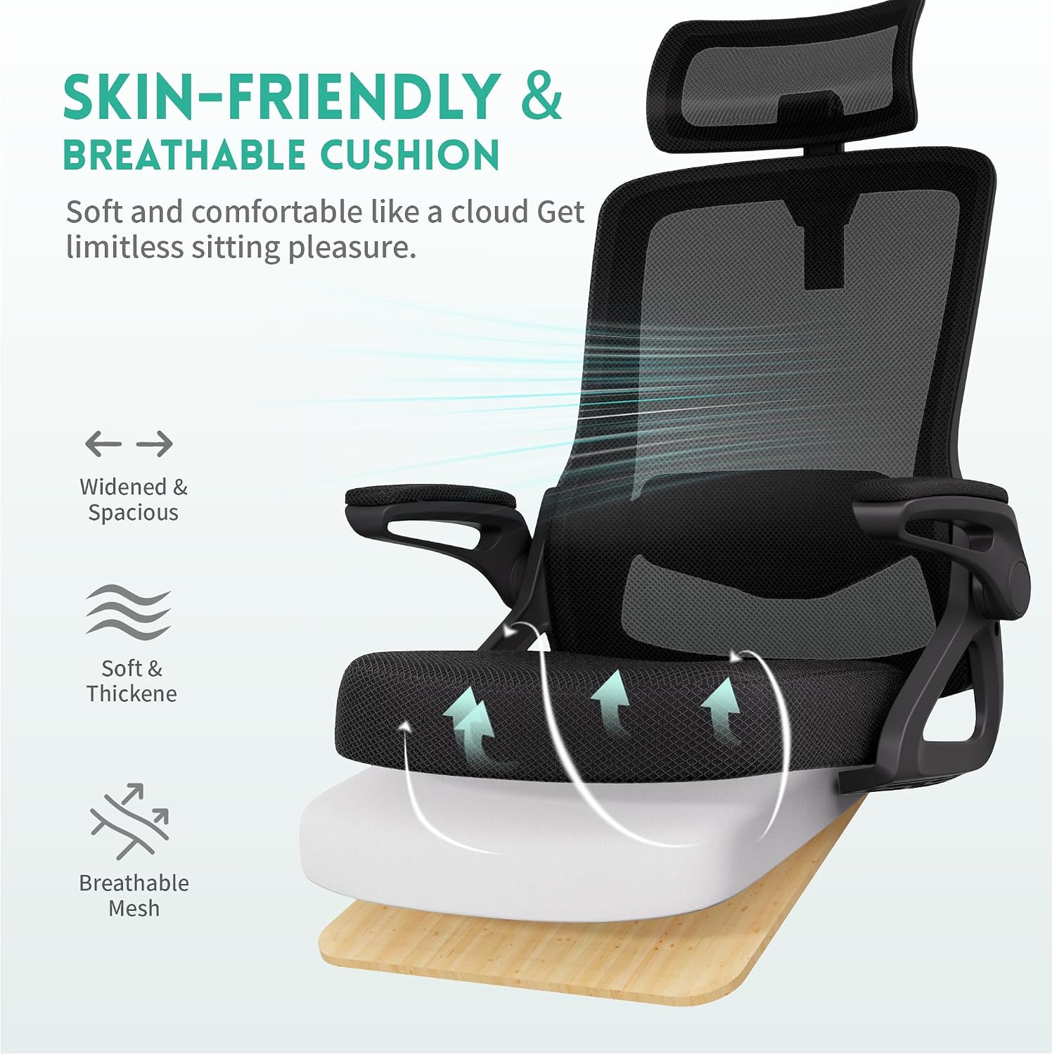 Ergonomic Office Chair, Adjustable Lumbar Support & Rotatable Headrest, 90° Flip-Up Armrests – Breathable Mesh Desk Chair with Thickened Cushion, 360 Swivel – Easy Assemble for Home/Gaming/Office