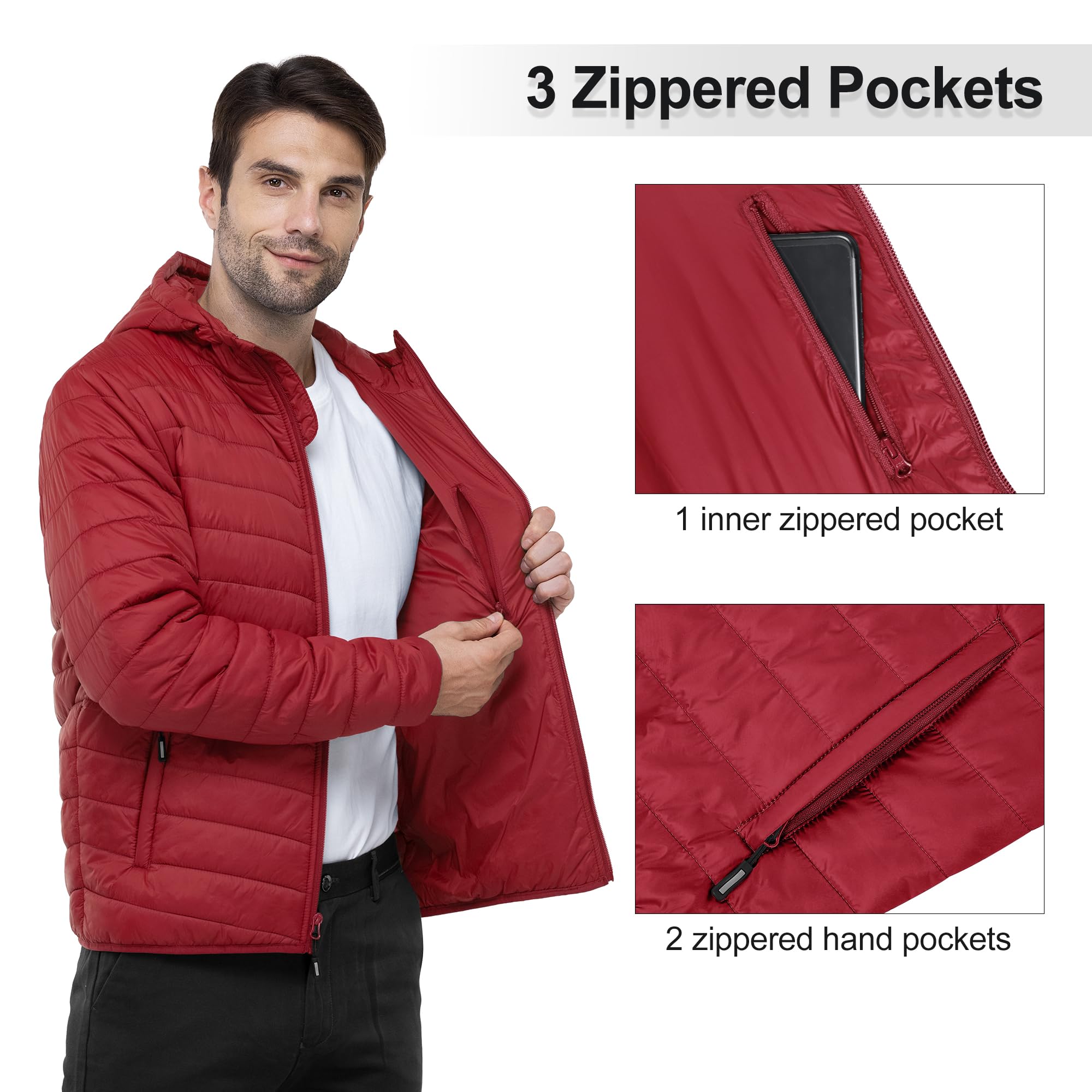 Outdoor Ventures Men's Lightweight Packable Hooded Puffer Jacket Insulated Winter Coat for Snow Ski Traveling