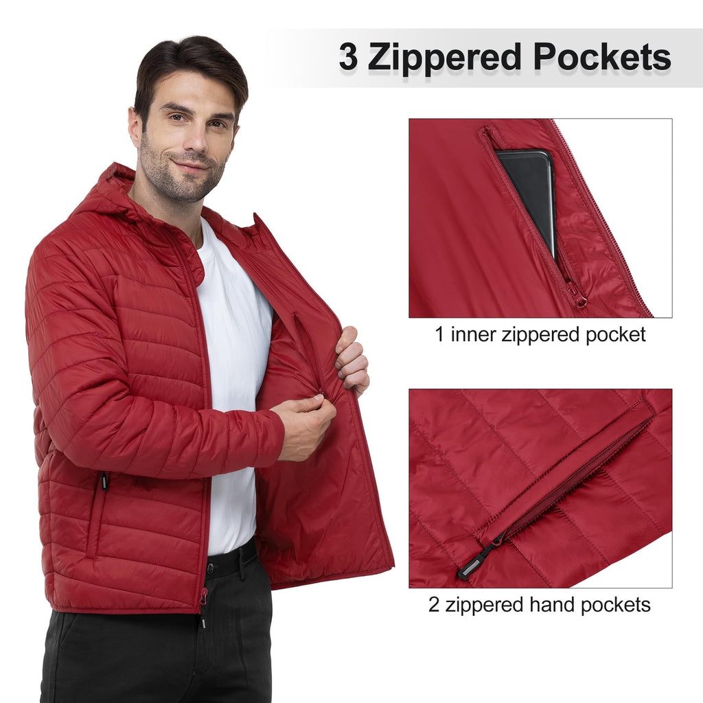Outdoor Ventures Men's Lightweight Packable Hooded Puffer Jacket Insulated Winter Coat for Snow Ski Traveling