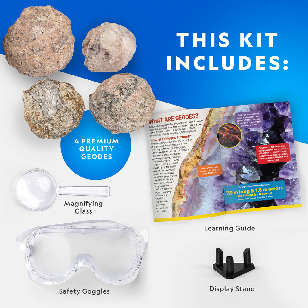 National Geographic Break Open 4 Geodes Science Kit – Includes Goggles and Display Stand - STEM Science Gift for Boys and Girls, Break Your Own Geodes with Crystals (Amazon Exclusive)