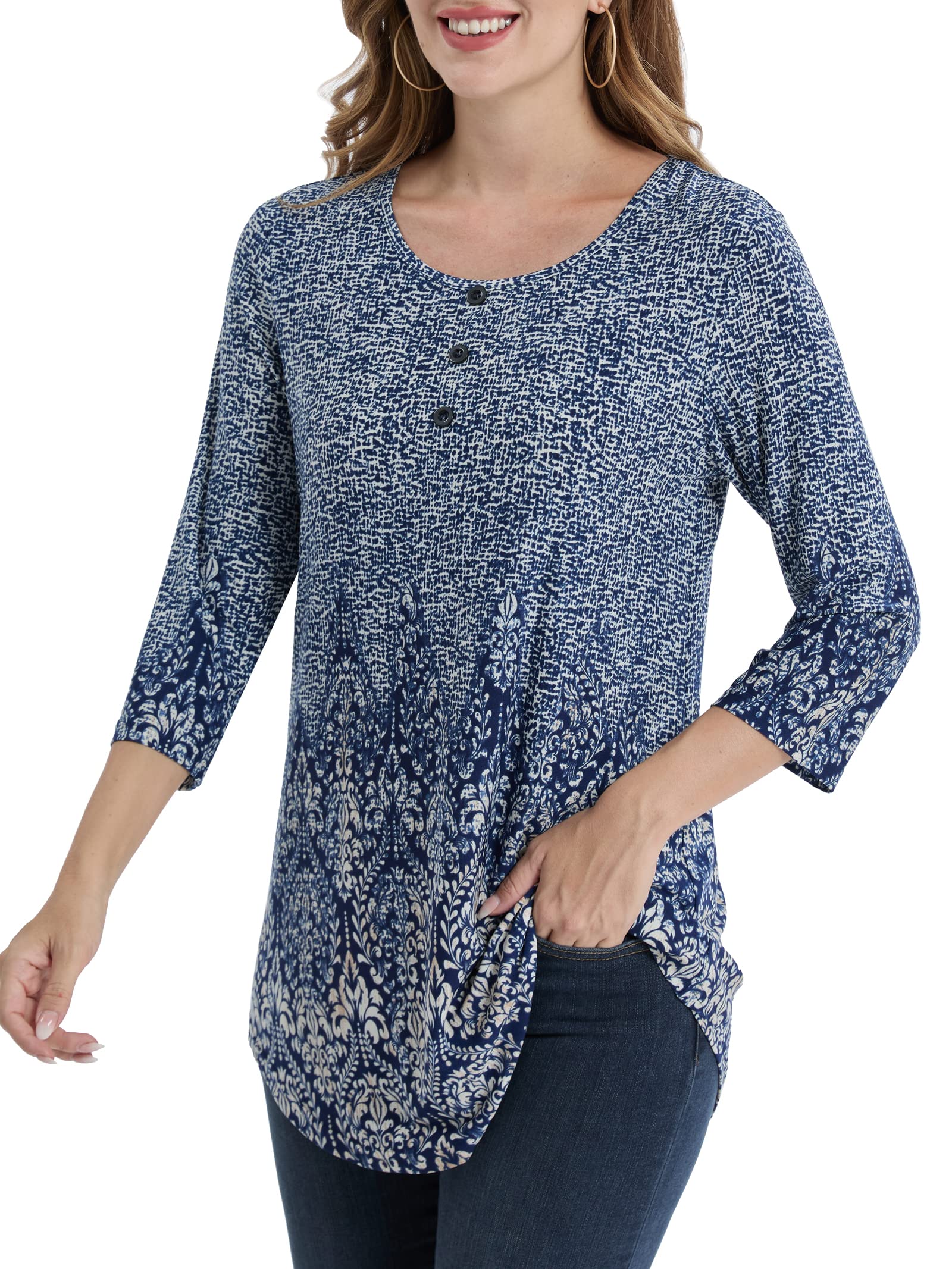 BAISHENGGT Womens Tops 3/4 Sleeve Round Neck Casual Tunic Tops Fall Fashion 2025 Dressy Casual Blouses