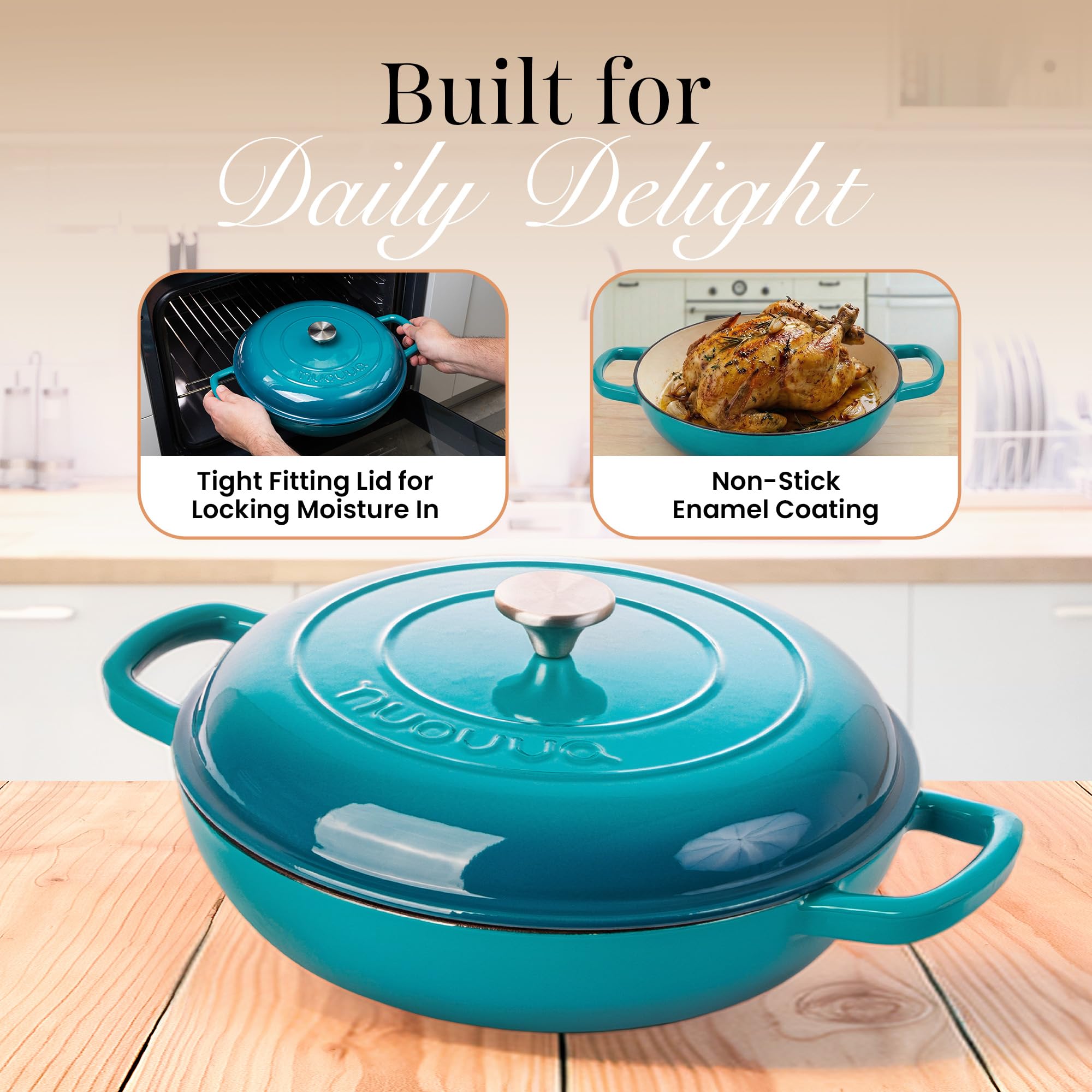 Shallow Cast Iron Casserole with Lid – Non Stick Dutch Oven Pot, Oven Safe up to 500° F – Sturdy Ovenproof Stockpot Cookware – Enamelled Cooking Pot – Black, 5-Quart, 32cm – by Nuovva