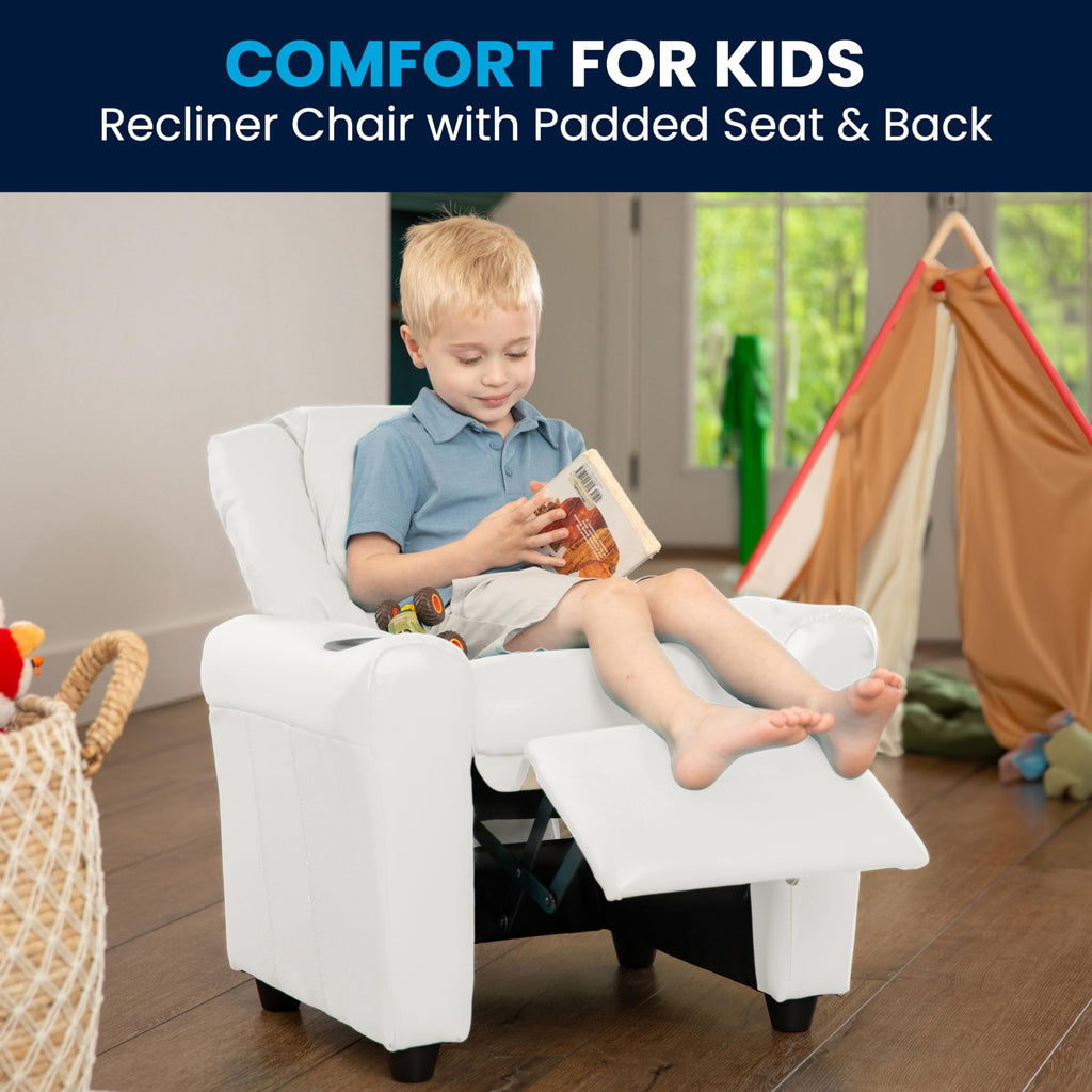 Flash Furniture Vana Vinyl Kids Recliner with Cup Holder, Headrest, and Safety Recline, Contemporary Reclining Chair for Kids, Supports up to 90 lbs., Beige