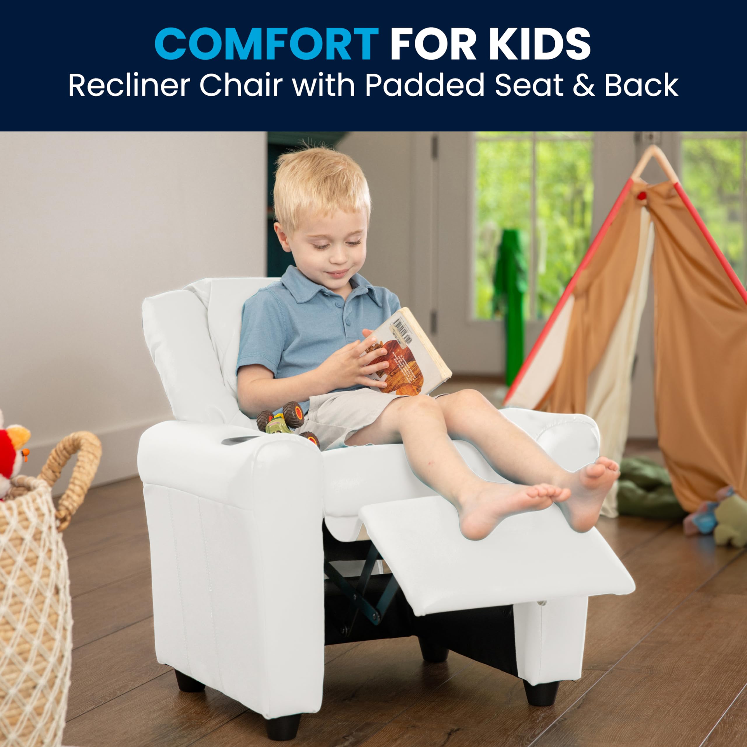 Flash Furniture Vana Vinyl Kids Recliner with Cup Holder, Headrest, and Safety Recline, Contemporary Reclining Chair for Kids, Supports up to 90 lbs., Beige
