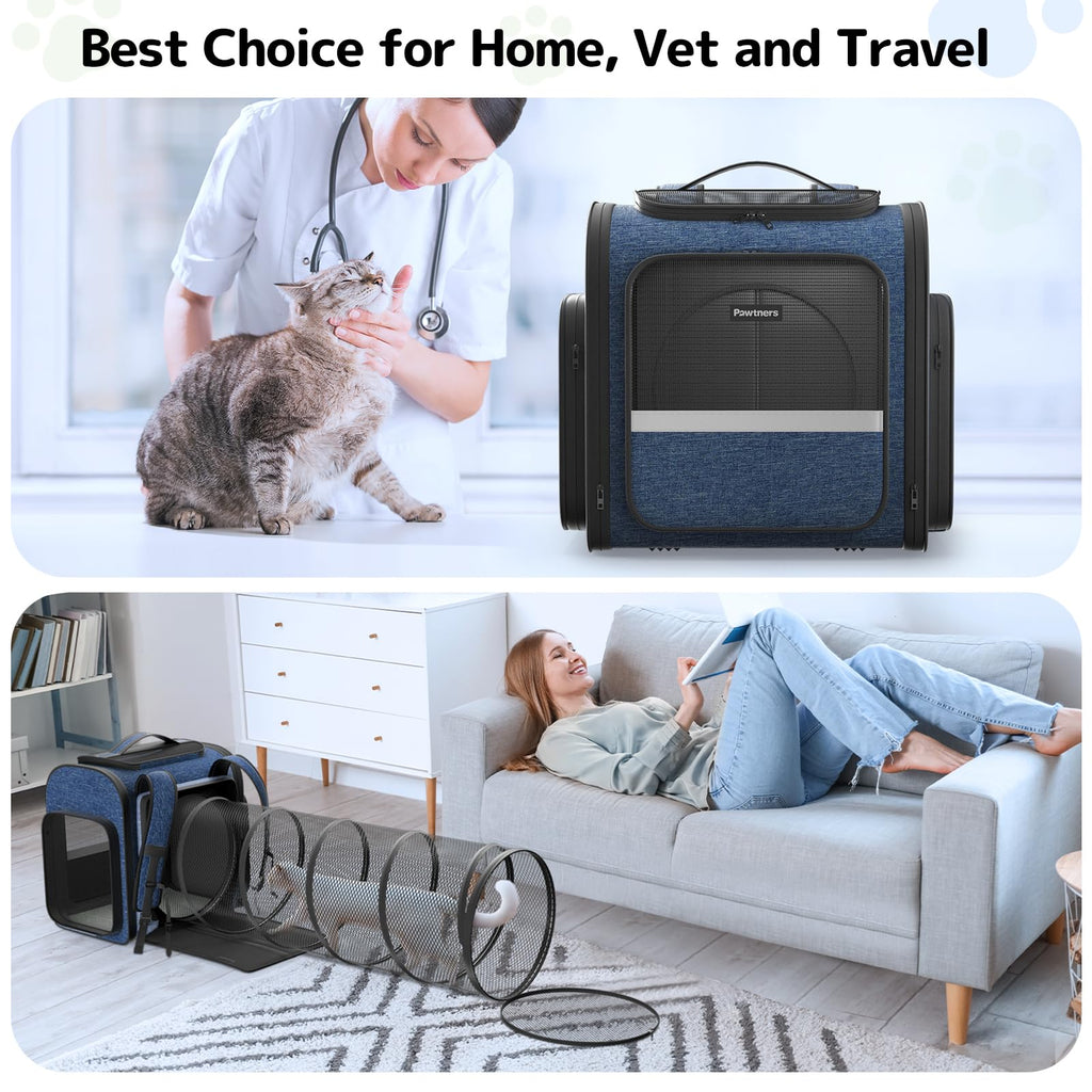 Cat Carrier Backpack with Detachable Play Tunnel, 2 in 1 Cat Tunnel Backpack Suitable for Carrying & Playing, Expandable Pet Carrier for Small Medium Kitten Puppy, Suitable for Travel Hiking Camping
