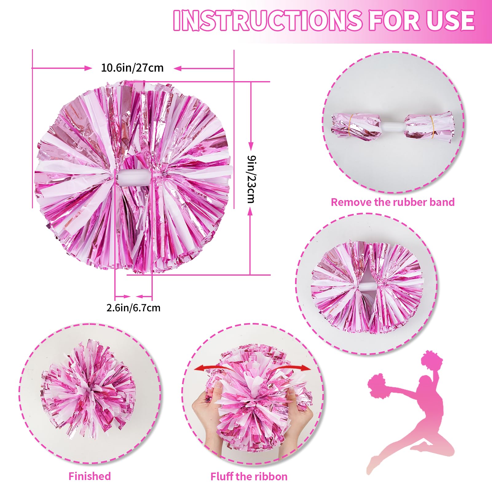 4Pcs Metallic Cheerleading Pom Poms, Creatiee 2 Pair Cheerleader Cheering Squad Pompoms for School Sports Dance Games Team Spirit Cheer