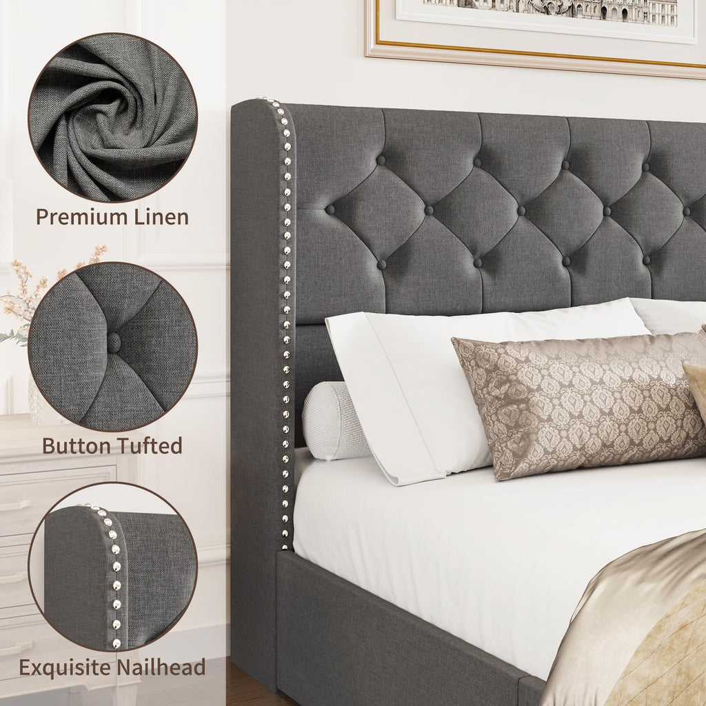 BRELTAM Full Size Bed Frame with Storage Drawers and Wingback Headboard Linen Upholstered Platform Bed Frame Tufted Beds with Heavy Duty Wood Slats, Noise Free, Easy Assembly, Beige