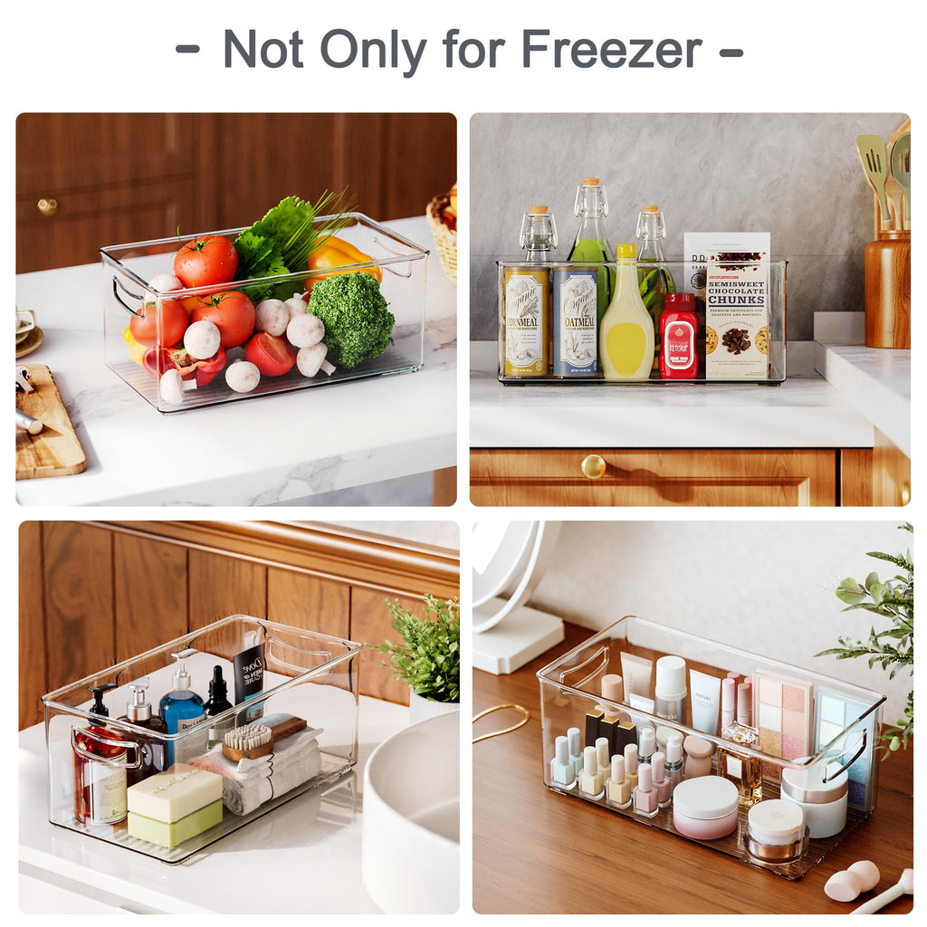 Heyuzb 2 Pack Clear Freezer Organizer Bins Stackable Storage Bins with Side Handles for Kitchen Pantry Cabinet Organzation and Storage