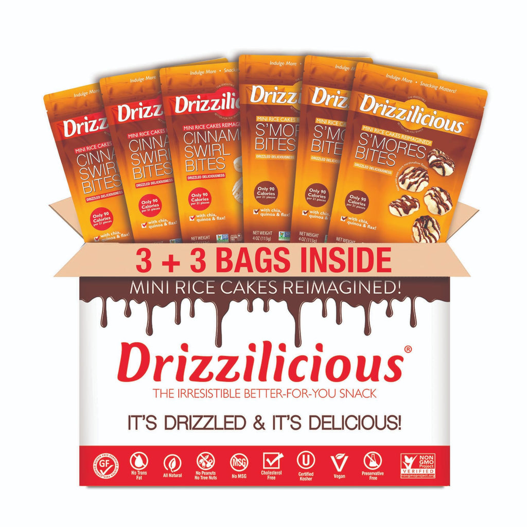 Drizzilicious Mini Flavored Rice Cakes - Rice Crisps, Healthy Snack for Adults and Kids, Vegan, Gluten Free Snack, 90 Calories Per 21 Pieces, S'mores & Cinnamon Swirl - 4 oz (Pack of 6)