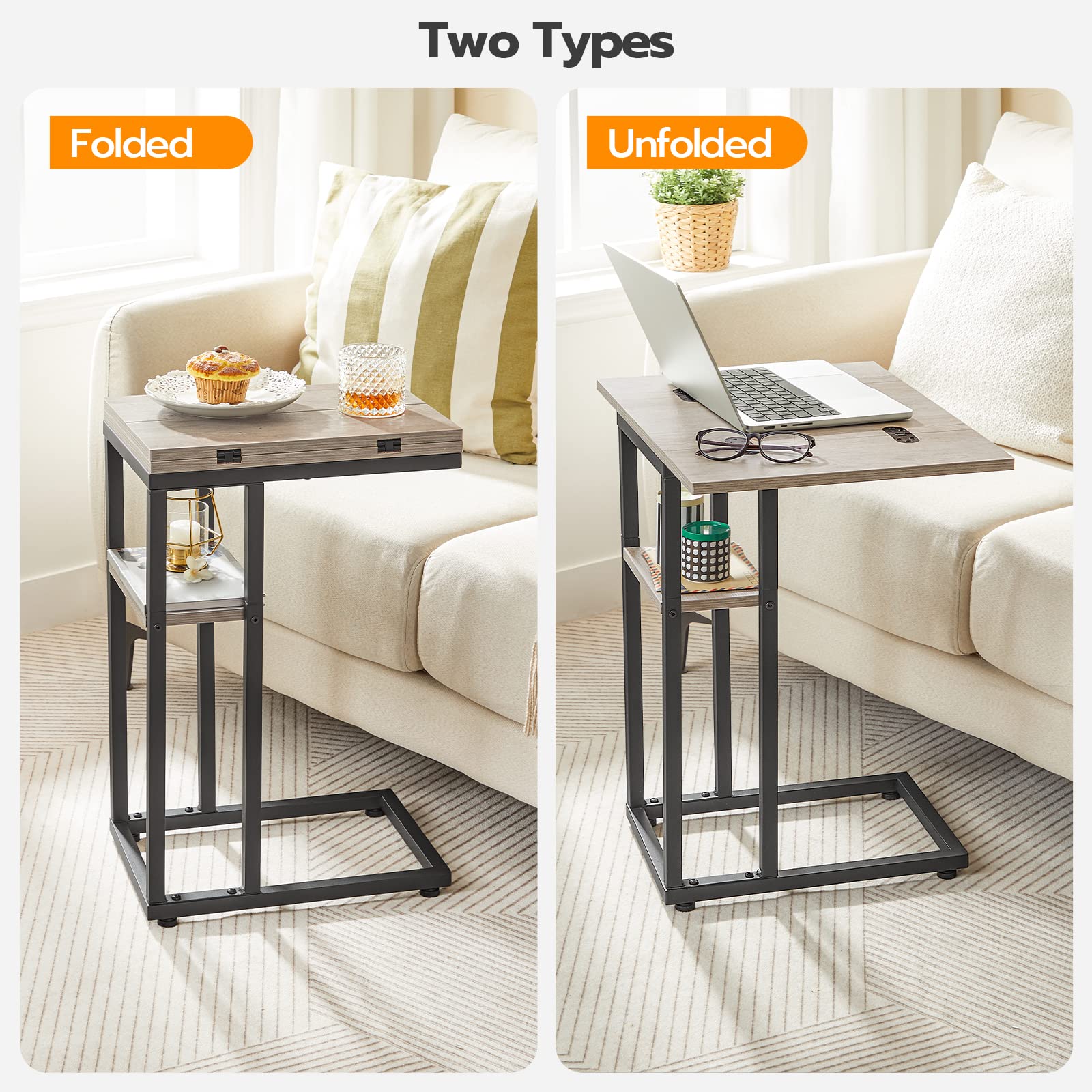 HOOBRO Foldable C Shaped End Table, C Shaped Side Table with Storage Shelf, Small Snack Table, Slide Under Couch Table for Sofa, Living Room Bedroom Small Spaces Easy Assembly, Black BK29SF01
