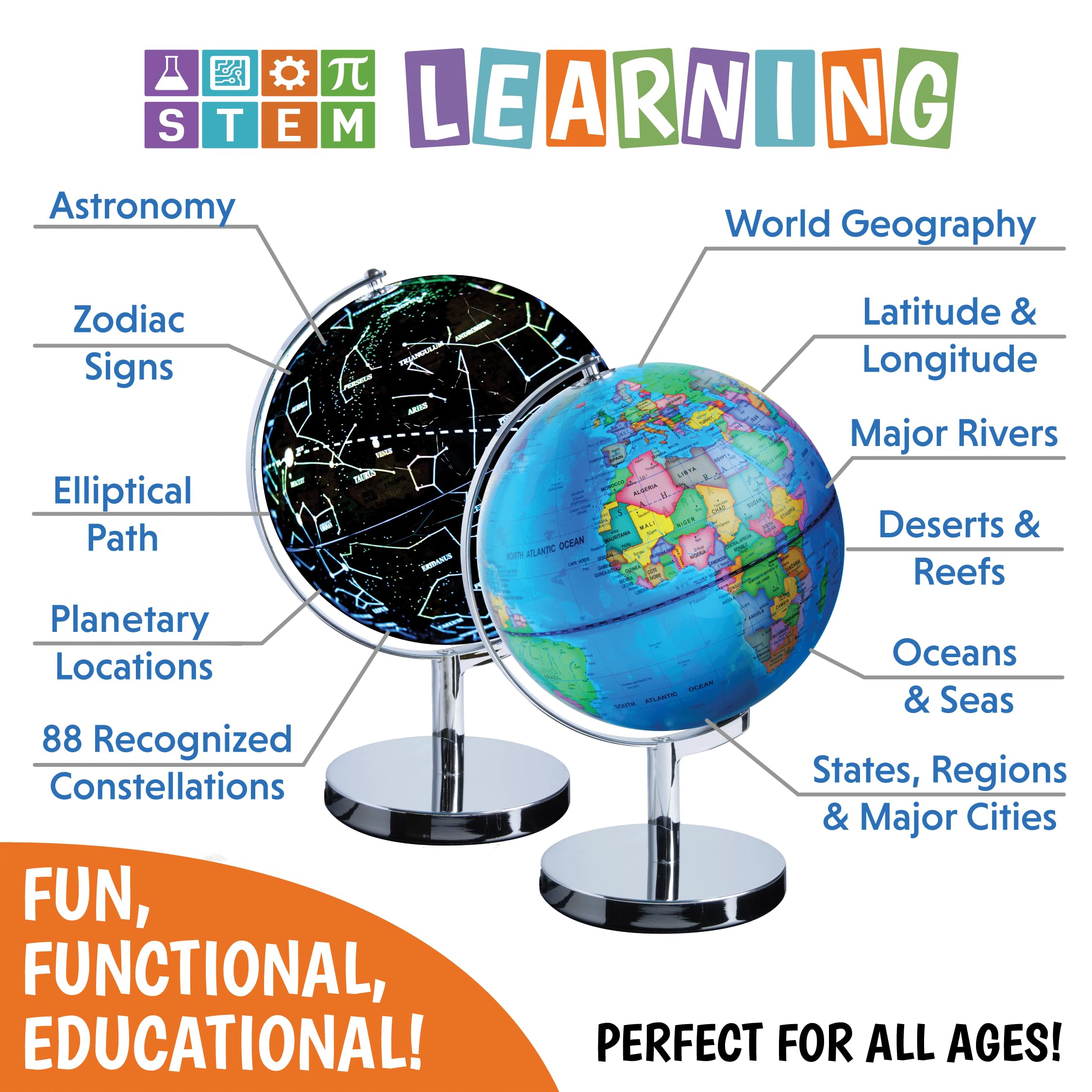 USA Toyz Illuminated Globe for Kids Learning- 3-in-1 STEM Globes of the World with Stand, Constellation Map, Built-in LED Night Light Desk Globe Lamp, Non-Tip Metal Base, 9.75” Tall, 7 Inch Diameter