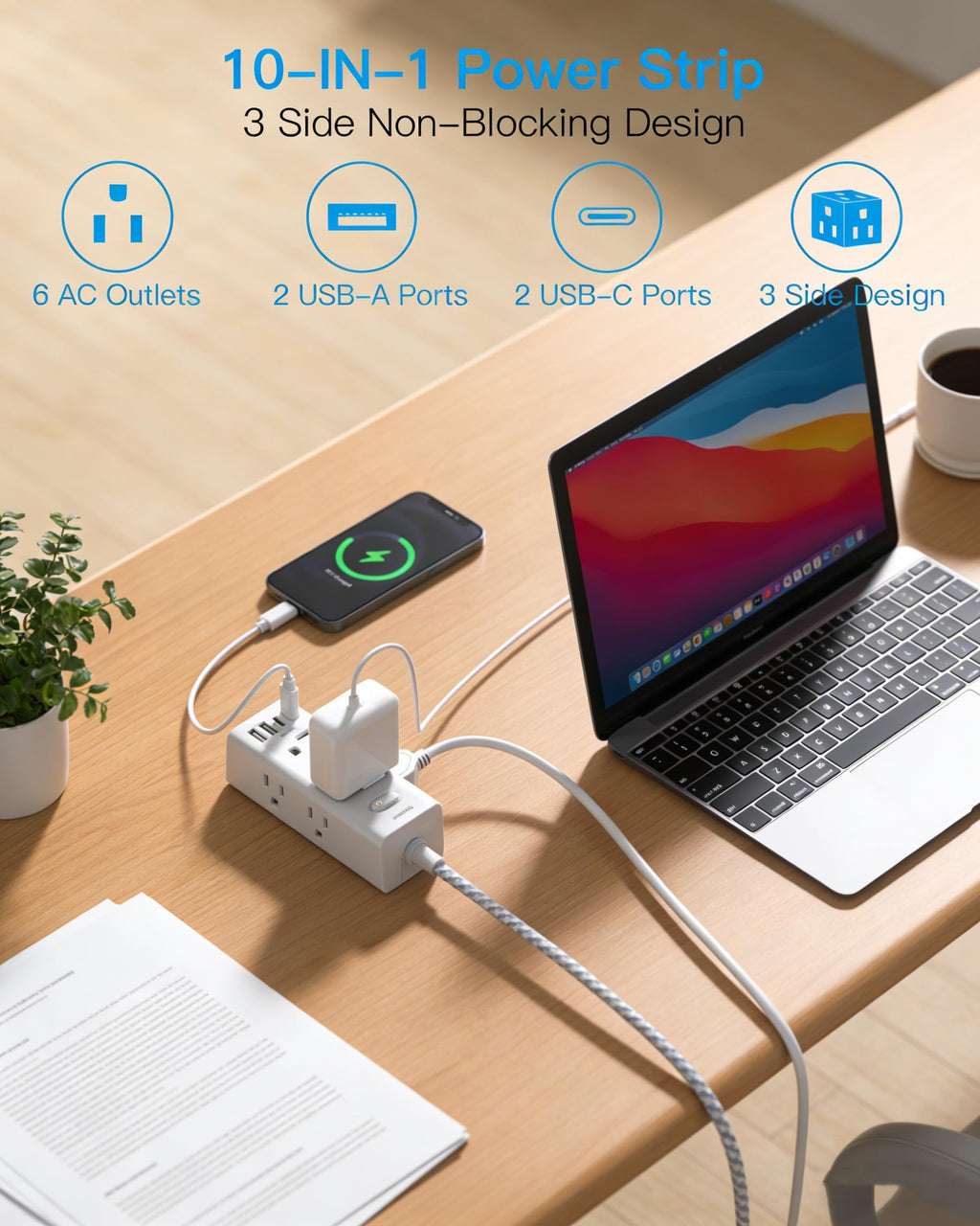 One Beat Short Extension Cord 1Ft, Flat Plug Power Strip Surge Protector - 6 Widely Outlets with 4 USB Ports (2 USB C), Wall Mount Small Power Strip for Travel, Home Office College Dorm Essentials