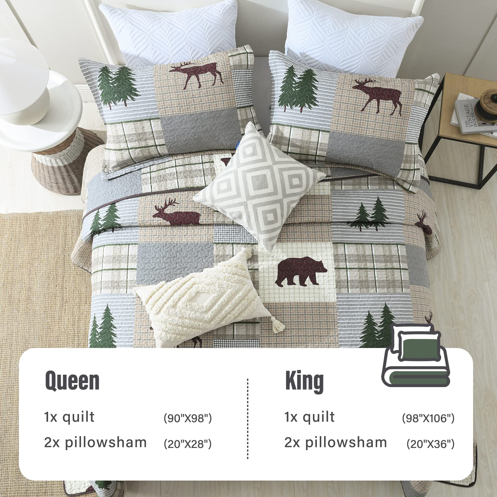 Y-PLWOMEN 100% Cotton Farmhouse Plaid Lightweight 3-Pieces Quilt Set (Blue Brown, Queen90 * 98 Inch)