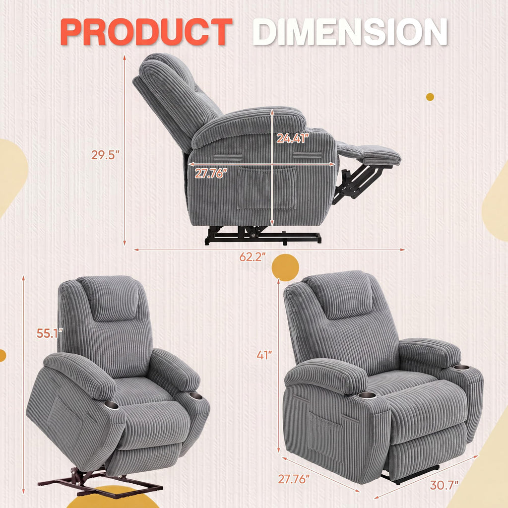 Furmax Electric Power Lift Recliner Chair with Massage for Elderly Corduroy Fabric Recliner Single Sofa with Cup Holders, Side Pockets and Remote Control for Living Room Bedroom (Leathaire, Brown)