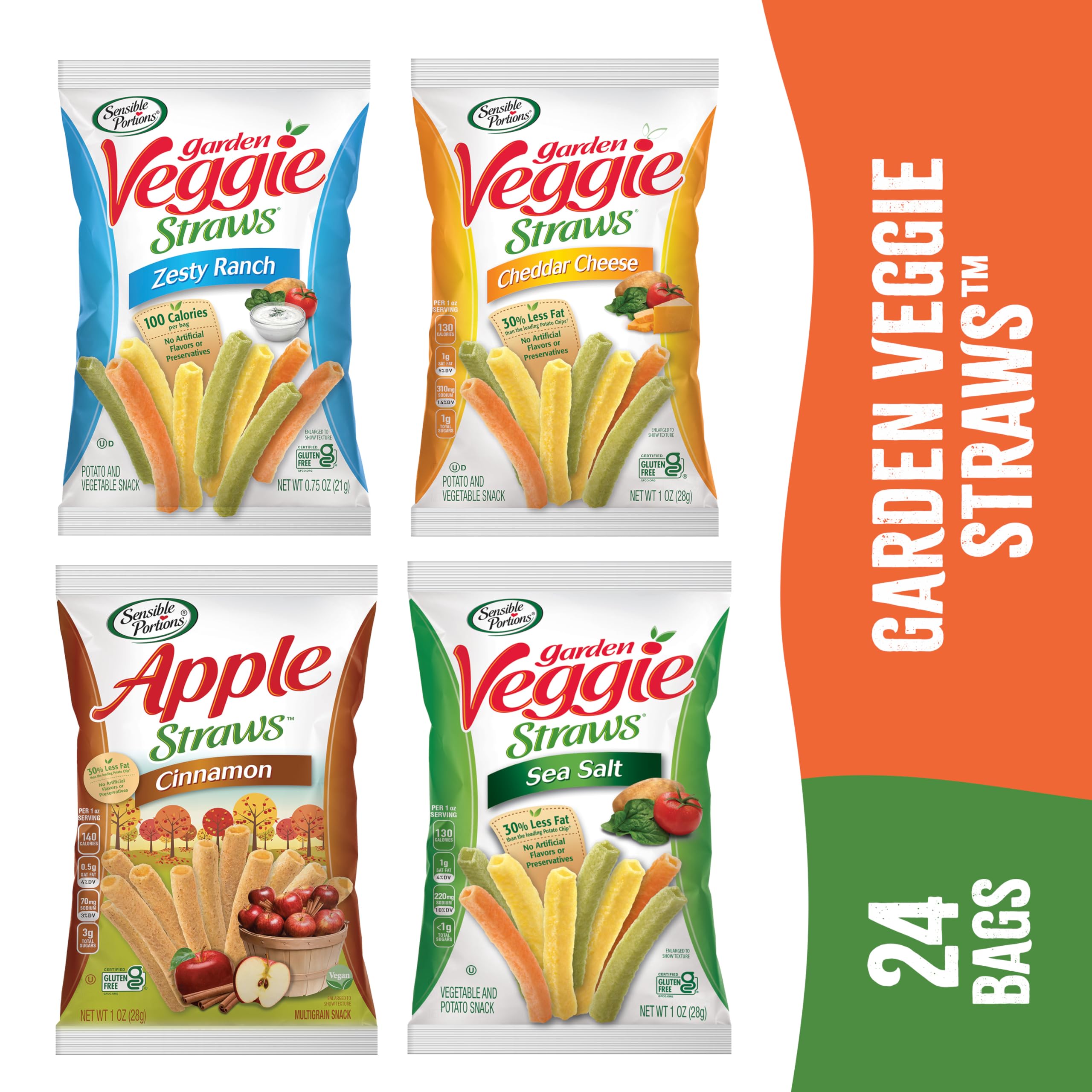 Sensible Portions Garden Veggie Snacks - Veggie Straws, Snack Size Variety Pack, Sea Salt & Zesty Ranch, 1 Oz (Pack of 24)
