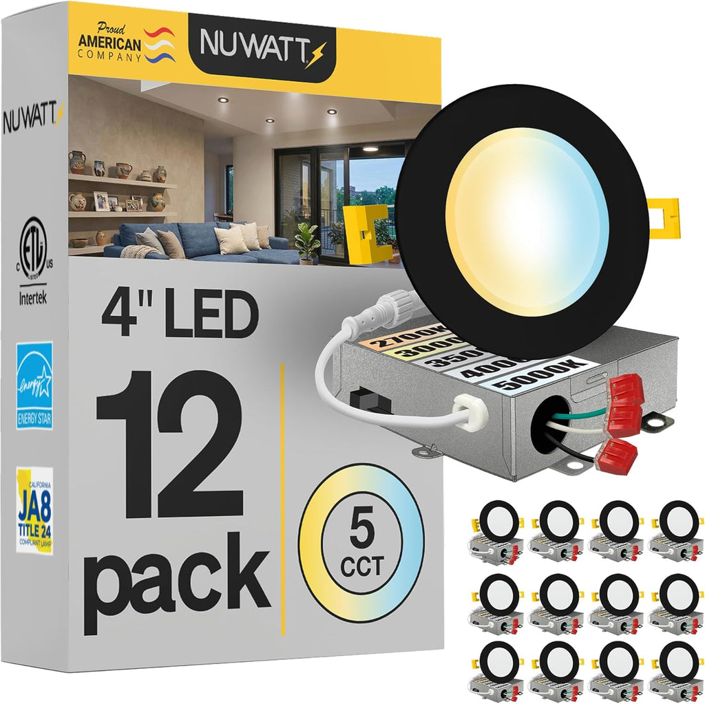 NUWATT 12 Pack, 4 Inch Recessed Lighting LED, Selectable CCT 2700K/3000K/3500K/4000K/5000K, 630LM, 9W, IC Rated, Dimmable, Canless Lights with Junction Box, ETL and Energy Star Certified, Black Trim