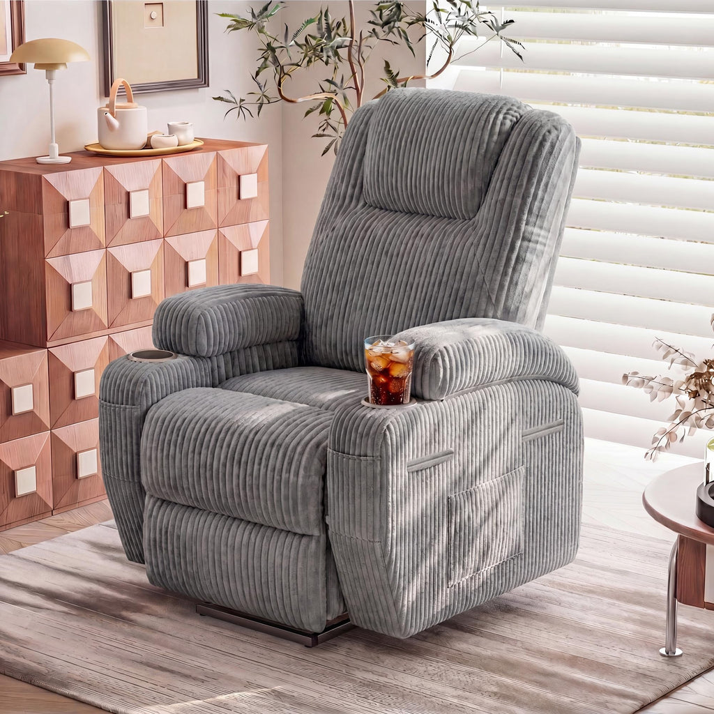Furmax Electric Power Lift Recliner Chair with Massage for Elderly Corduroy Fabric Recliner Single Sofa with Cup Holders, Side Pockets and Remote Control for Living Room Bedroom (Leathaire, Brown)