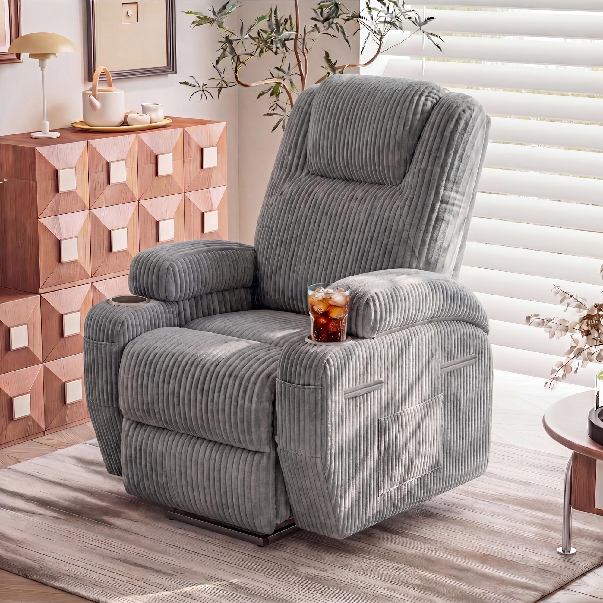 Furmax Electric Power Lift Recliner Chair with Massage for Elderly Corduroy Fabric Recliner Single Sofa with Cup Holders, Side Pockets and Remote Control for Living Room Bedroom (Leathaire, Brown)