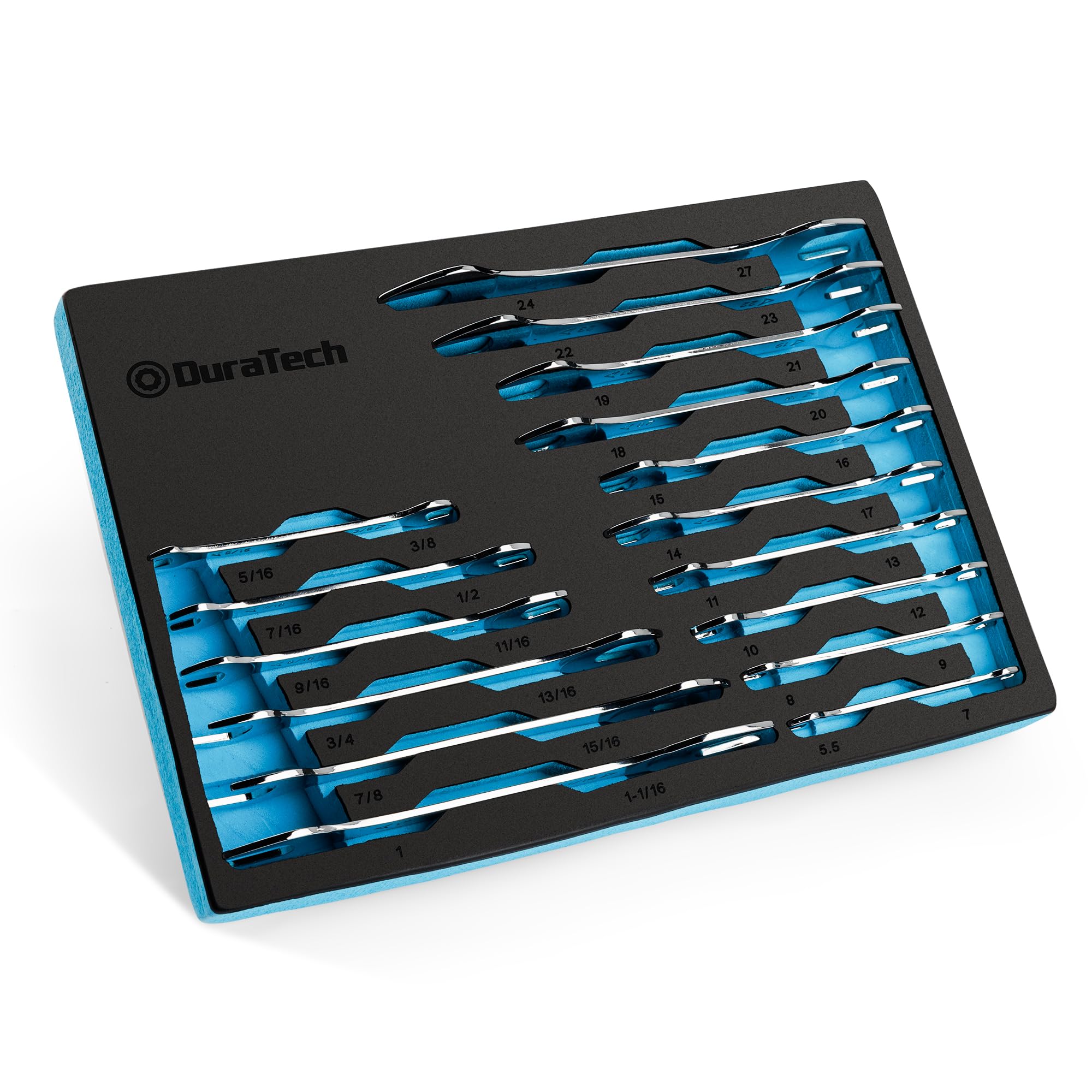 DURATECH Super-thin Open End Wrench Set, SAE(5/16" to 1-1/16") & Metric(5.5mm to 27mm), 16-Piece, Slim Spanner Wrench Set with EVA Tray Storage