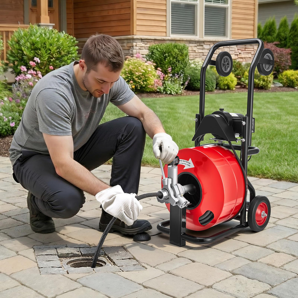 VEVOR 50FT x 1/2Inch Sewer Snake Machine, Drain Cleaning Machine on 4 Wheels, Electri Drain Auger with 4 Cutters & Foot Switch for 1''- 4'' Pipes